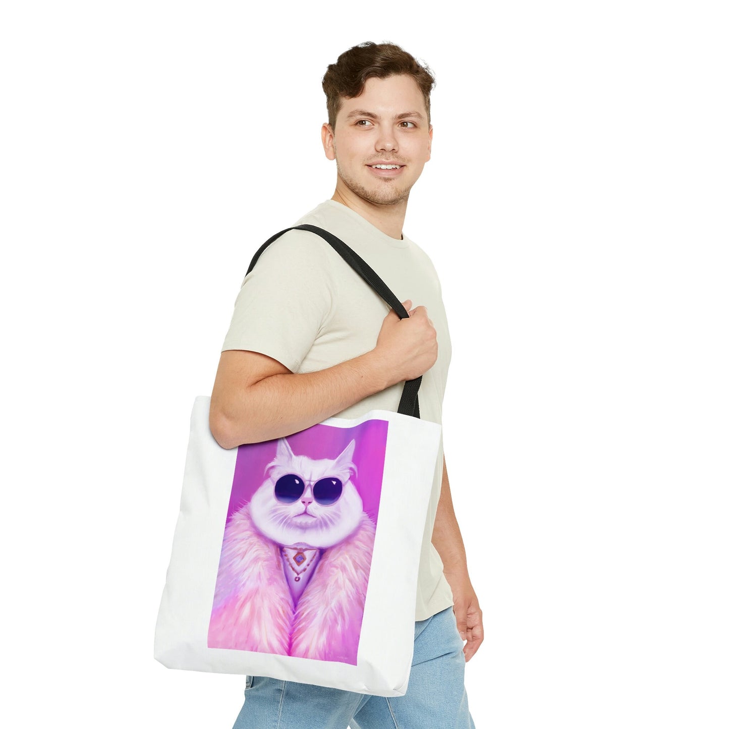 cat, pink, feline, bag, canvas bag, tote bag, gifts for women, canvas shopper, reusable bag, shopping bag, tote bag for women - LOLA VEGAS ART