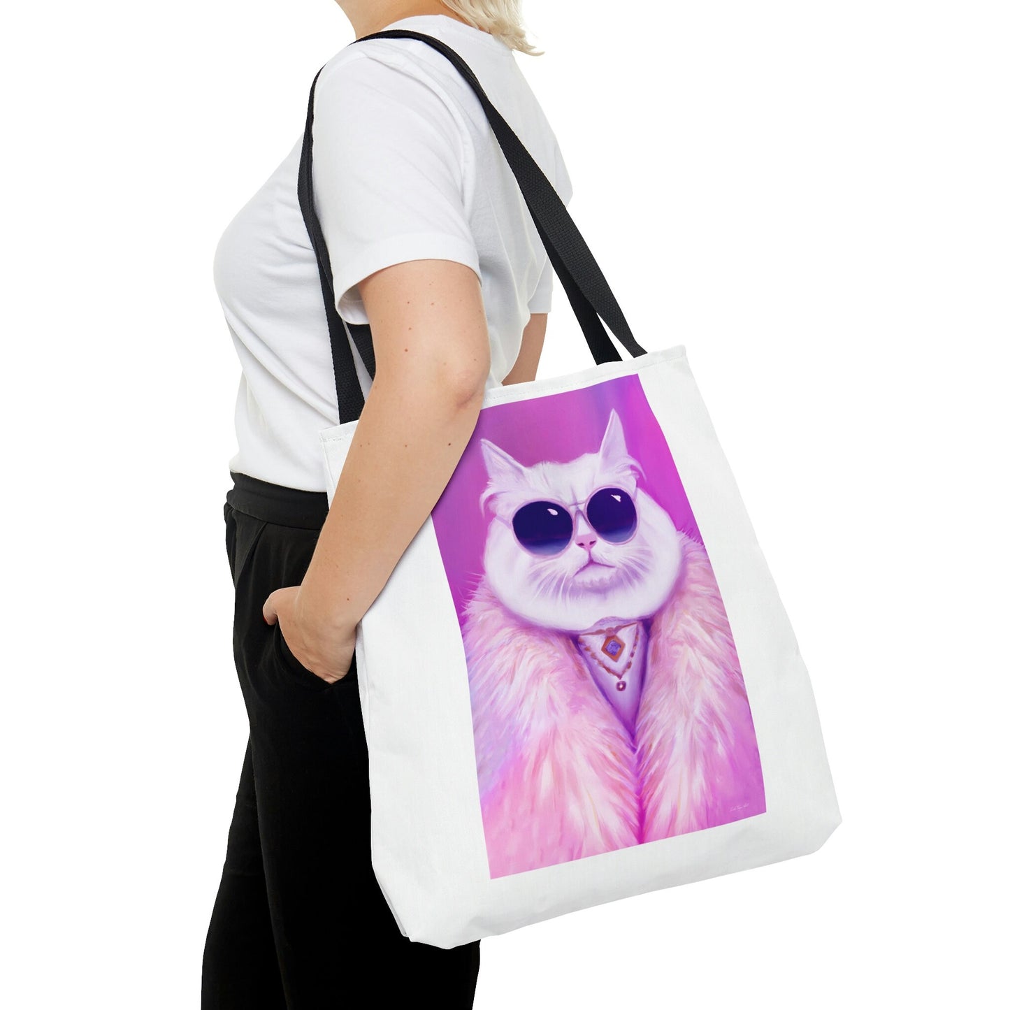 cat, pink, feline, bag, canvas bag, tote bag, gifts for women, canvas shopper, reusable bag, shopping bag, tote bag for women - LOLA VEGAS ART