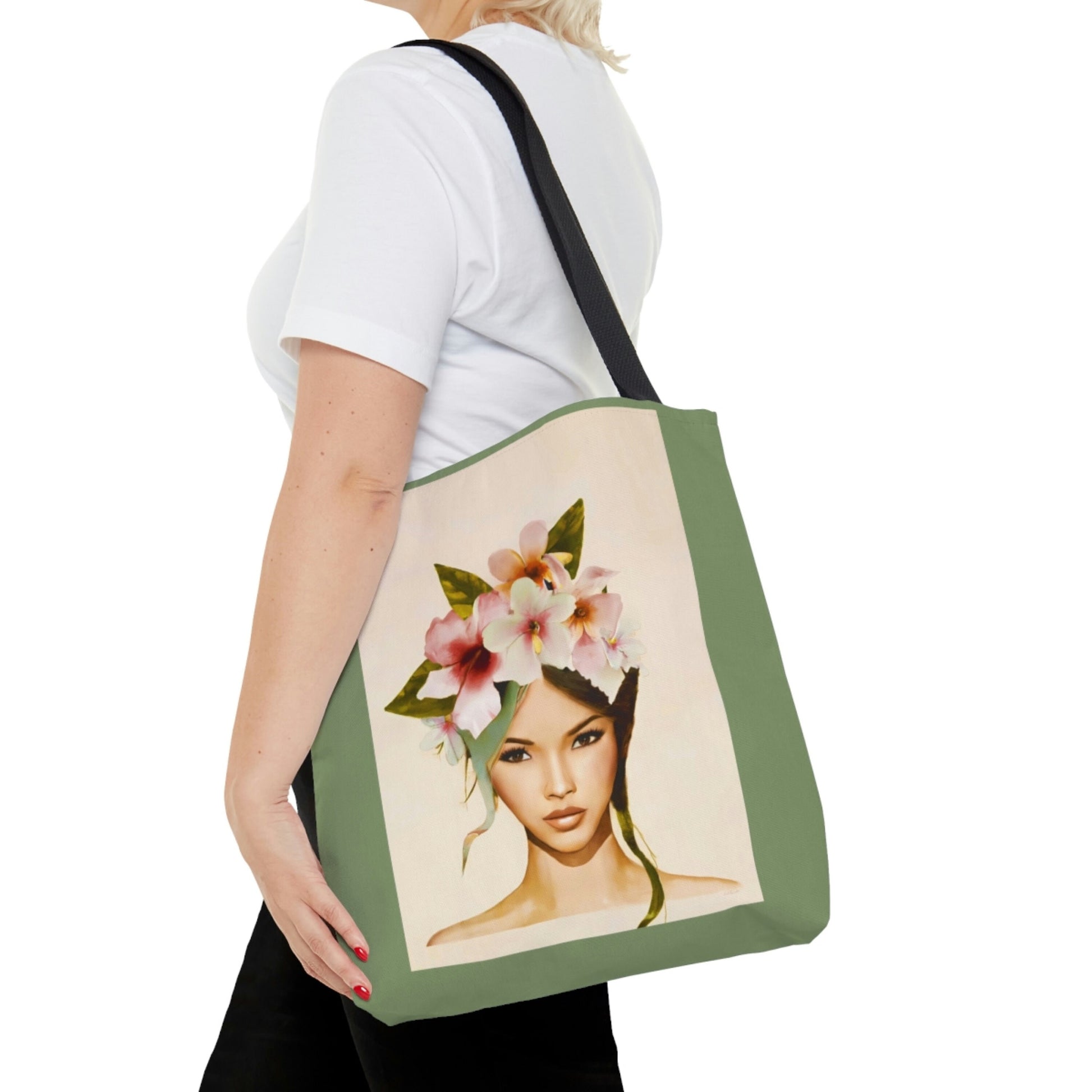 asian woman, flowers, bag, canvas bag, tote bag, gifts for women, canvas shopper, reusable bag, shopping bag, tote bag for women - LOLA VEGAS ART