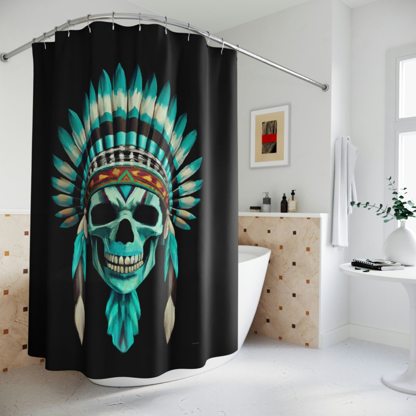 skull, turquoise, shower curtain, home accessories, bathroom dcor, bathroom, home dcor, housewarming gift, shower room decor - LOLA VEGAS ART