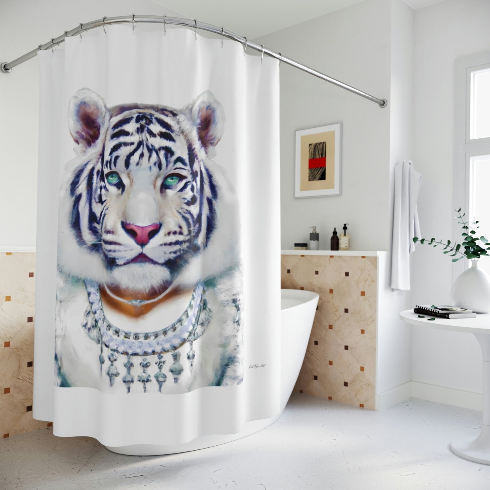 white tiger, big cat, shower curtain, home accessories, bathroom dcor, bathroom, home dcor, housewarming gift, shower room decor - LOLA VEGAS ART