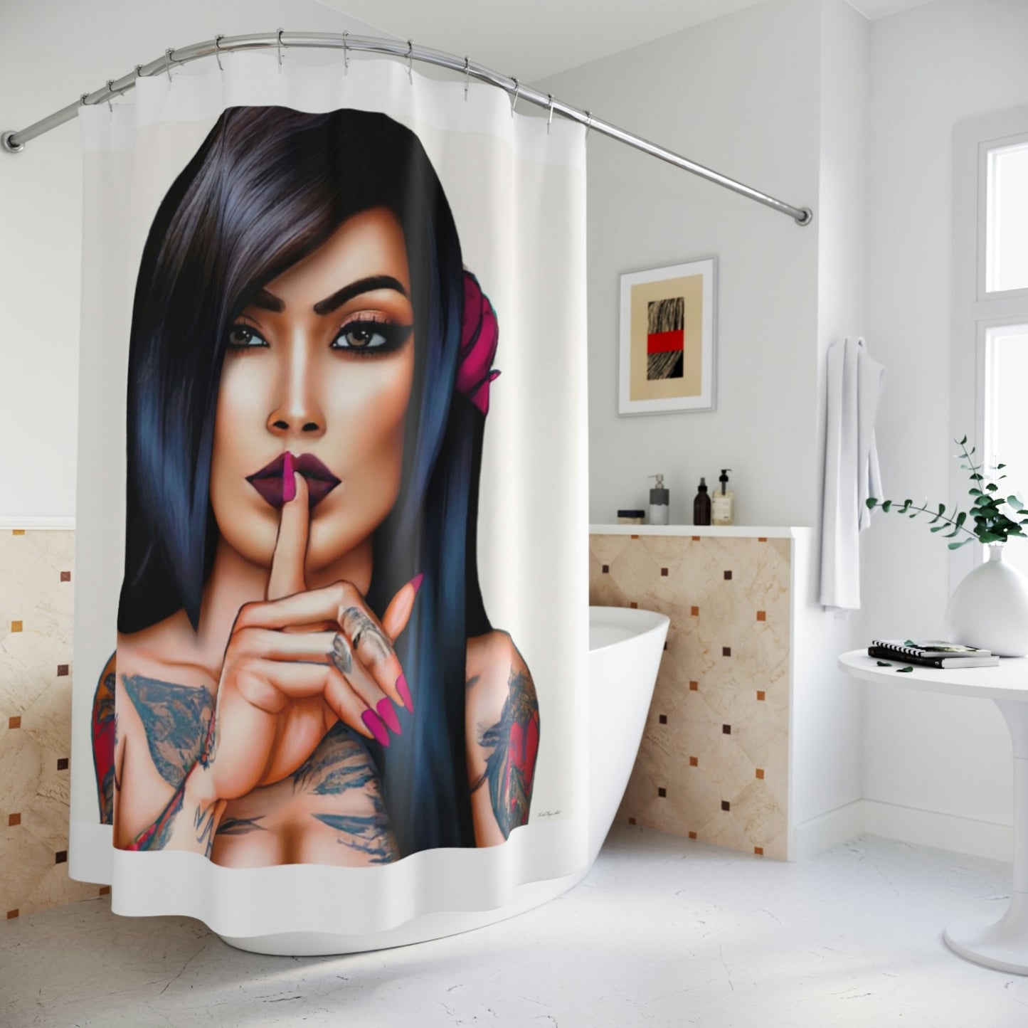 woman, tattoo's, shower curtain, home accessories, bathroom dcor, bathroom, home dcor, housewarming gift, shower room decor - LOLA VEGAS ART