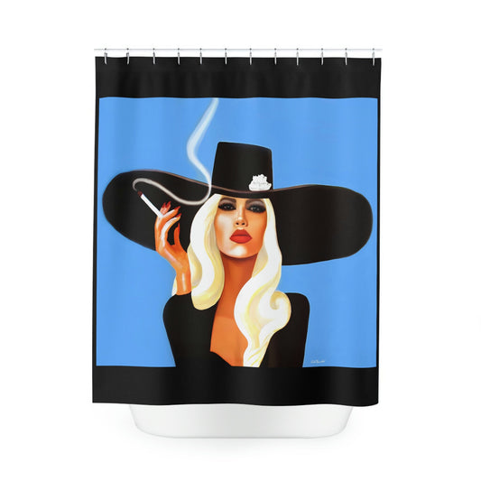woman in hat, smoking, shower curtain, home accessories, bathroom dcor, bathroom, home dcor, housewarming gift, shower room decor - LOLA VEGAS ART