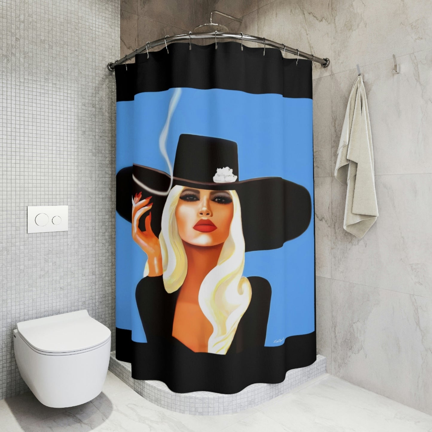 woman in hat, smoking, shower curtain, home accessories, bathroom dcor, bathroom, home dcor, housewarming gift, shower room decor - LOLA VEGAS ART