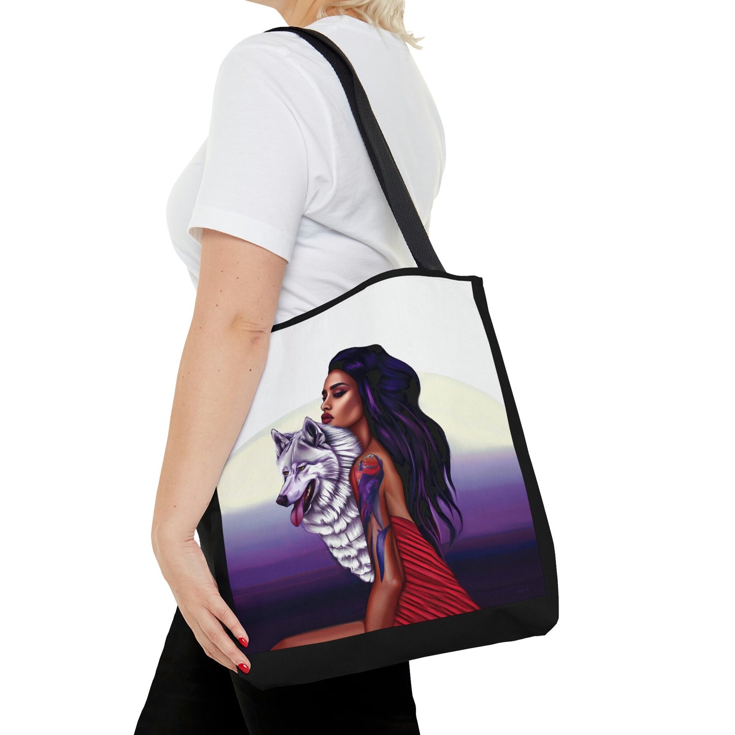 native american woman, wolf, indian, canvas bag, tote bag, gifts for women, canvas shopper, reusable bag, shopping bag, tote bag for women - LOLA VEGAS ART