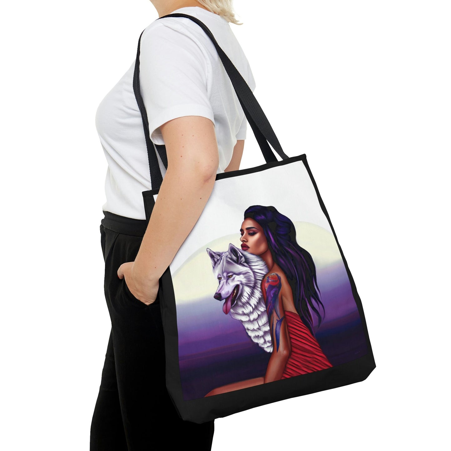 native american woman, wolf, indian, canvas bag, tote bag, gifts for women, canvas shopper, reusable bag, shopping bag, tote bag for women - LOLA VEGAS ART