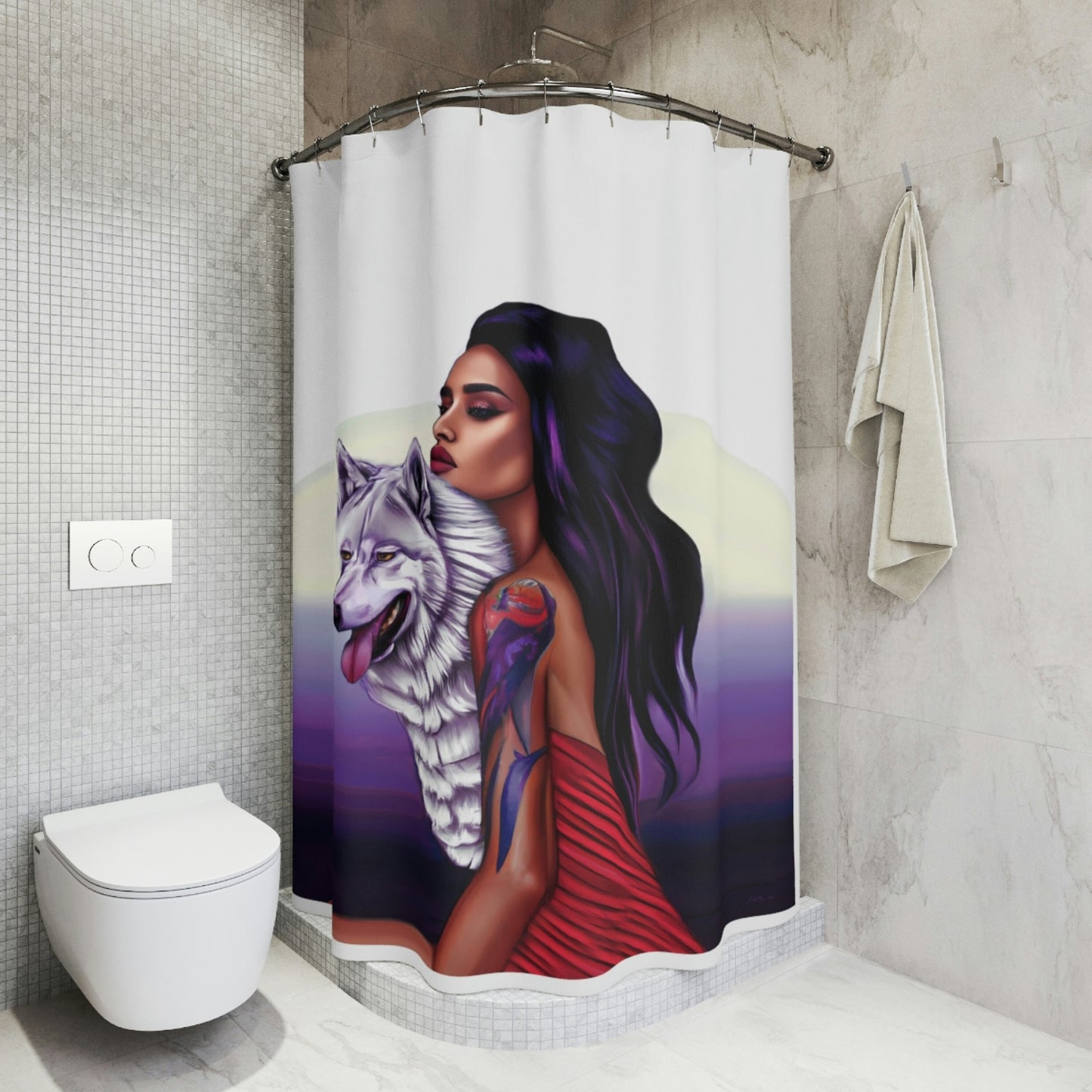 woman and wolf, shower curtain, home accessories, bathroom dcor, bathroom, home dcor, housewarming gift, shower room deco - LOLA VEGAS ART