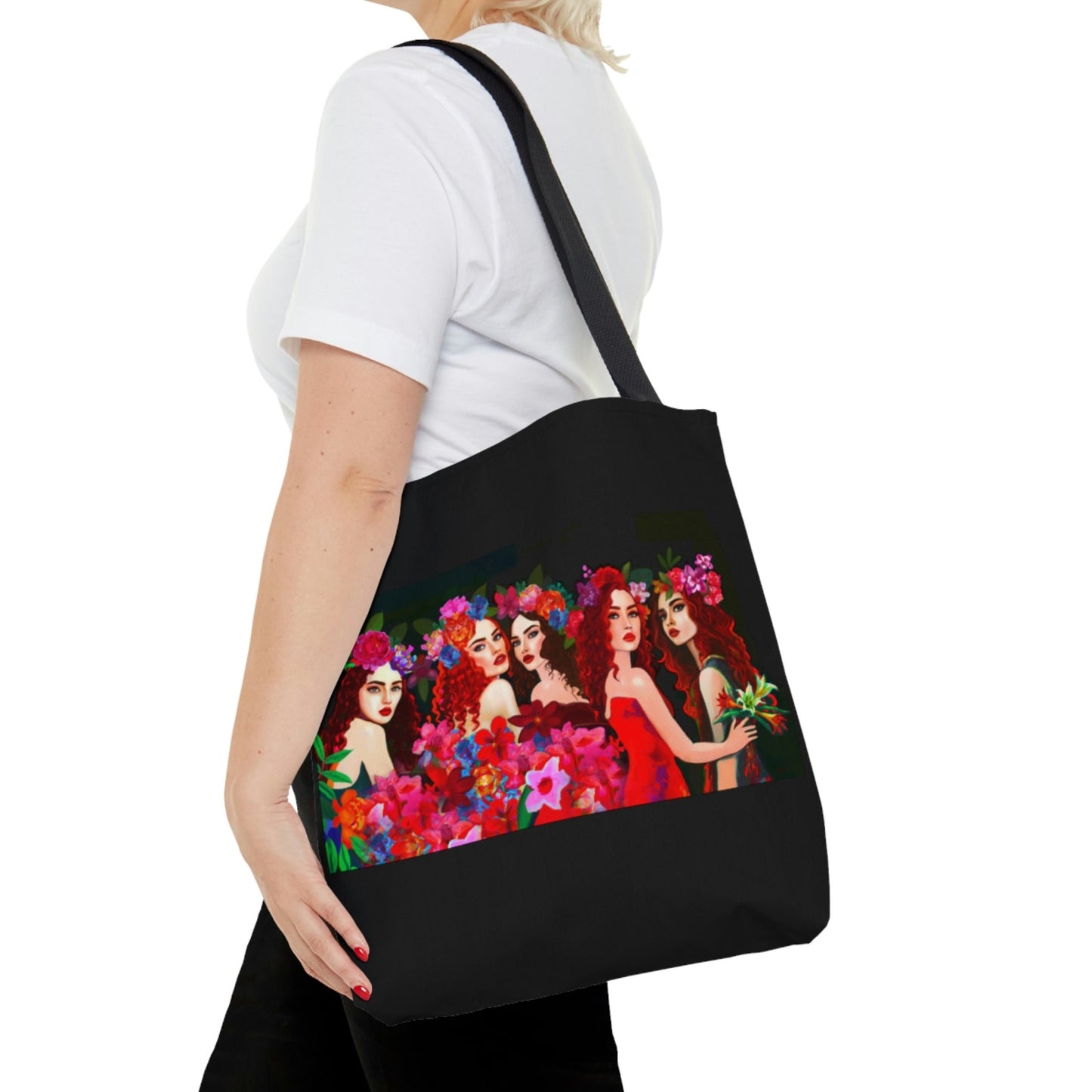 women, red hair, flowers,  bag, canvas bag, tote bag, gifts for women, canvas shopper, reusable bag, shopping bag, tote bag for women - LOLA VEGAS ART