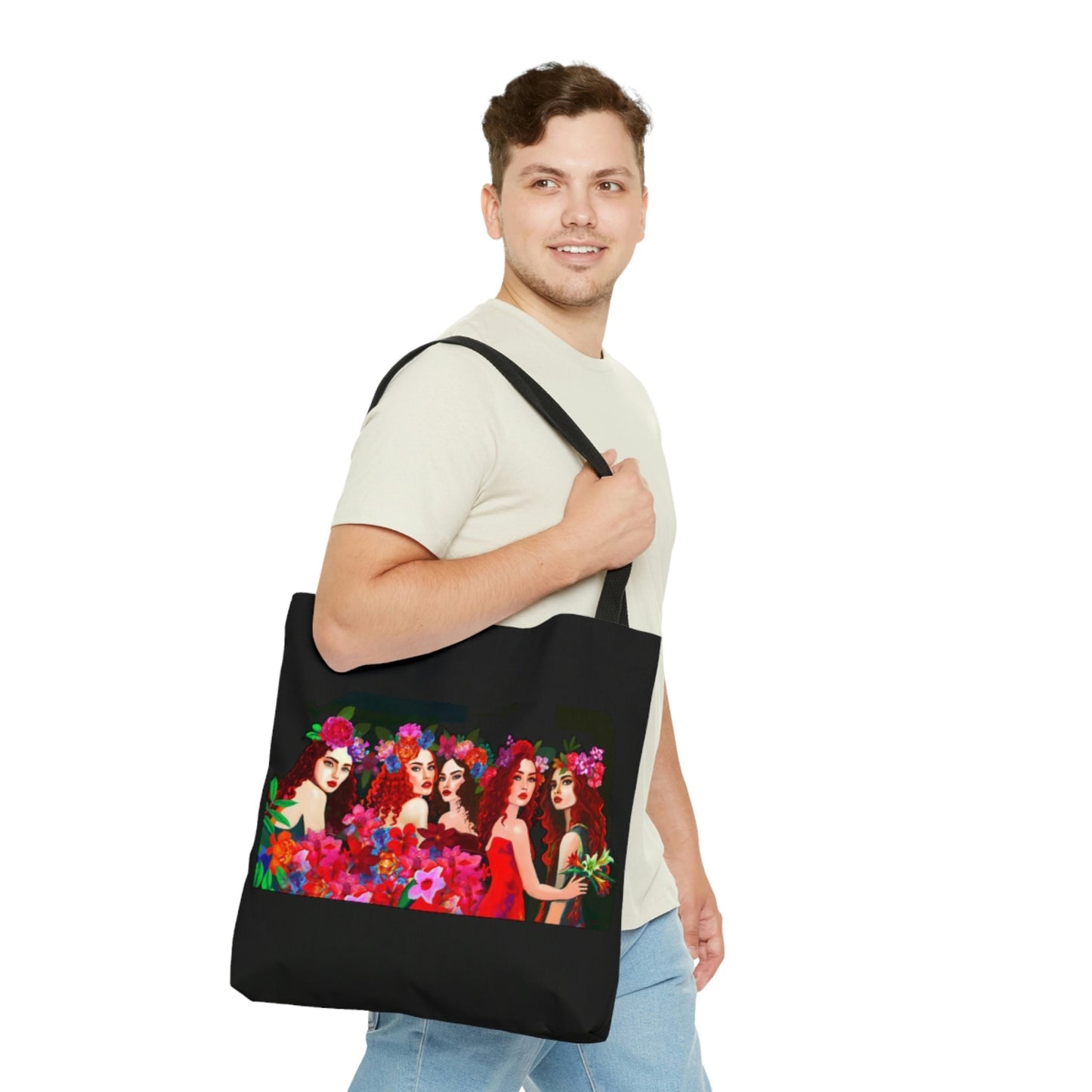 women, red hair, flowers,  bag, canvas bag, tote bag, gifts for women, canvas shopper, reusable bag, shopping bag, tote bag for women - LOLA VEGAS ART