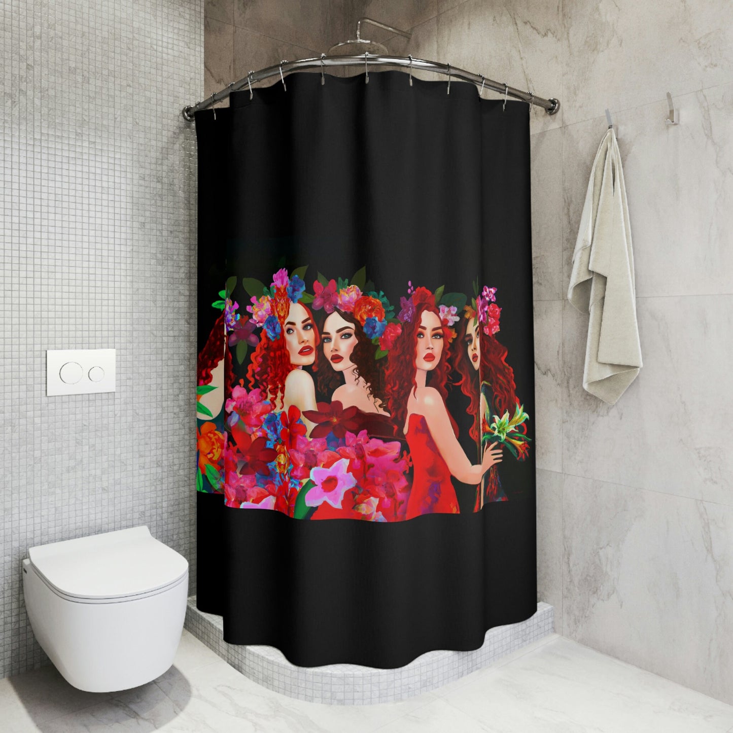 women, flowers, shower curtain, home accessories, bathroom dcor, bathroom, home dcor, housewarming gift, shower room decor - LOLA VEGAS ART