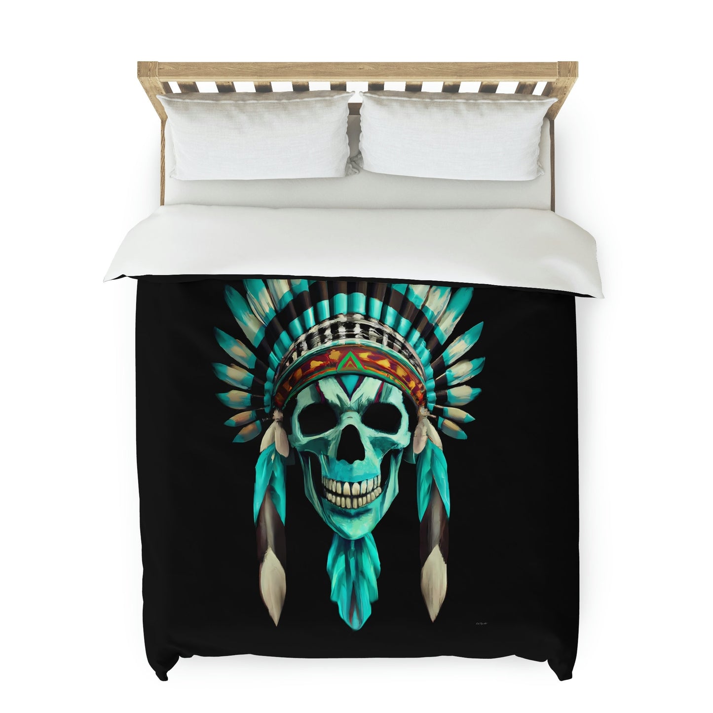 skull, native american headdress, duvet cover, bedding, twin XL, queen, king size, bedroom decor, gothic, turquoise, modern home decor - LOLA VEGAS ART