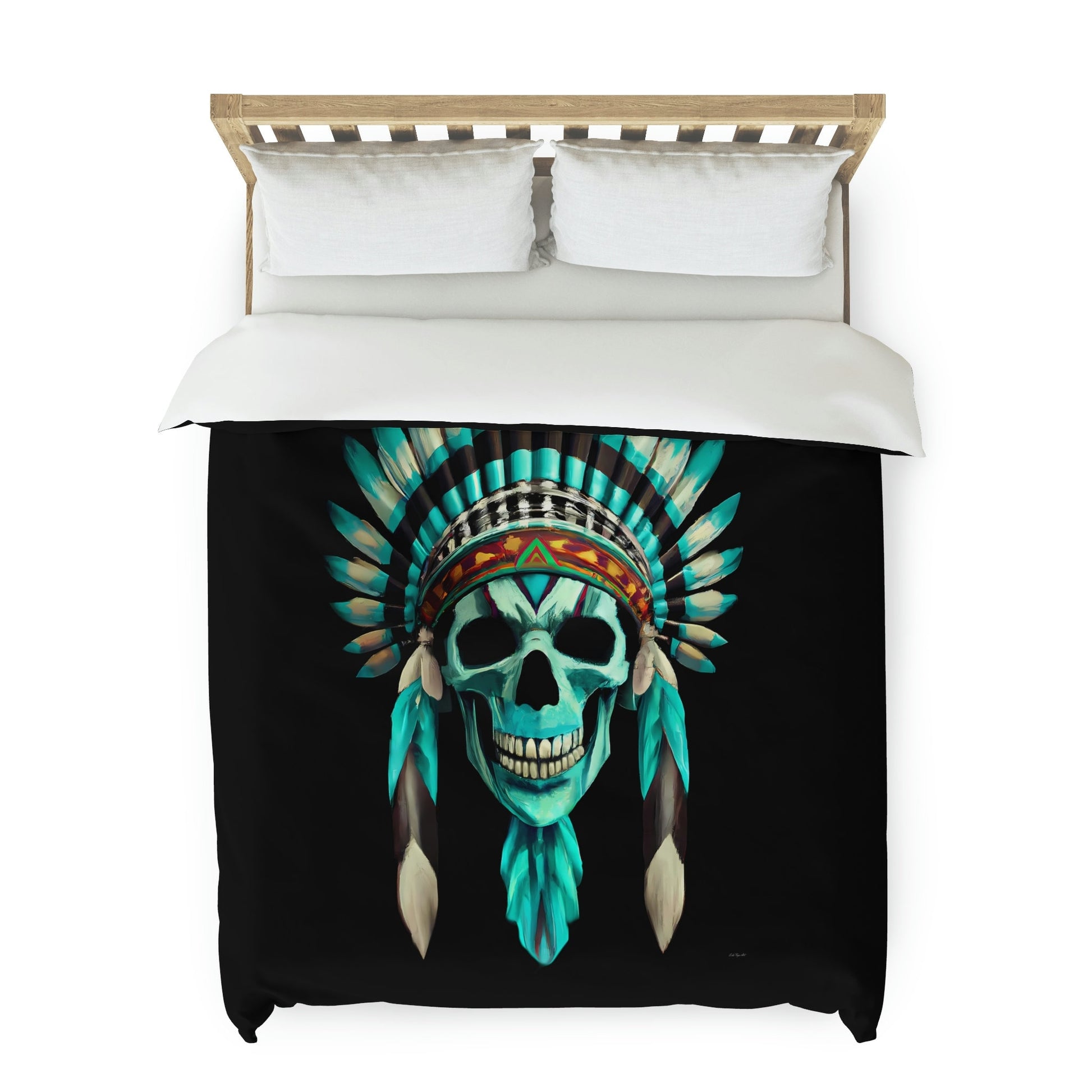 skull, native american headdress, duvet cover, bedding, twin XL, queen, king size, bedroom decor, gothic, turquoise, modern home decor - LOLA VEGAS ART