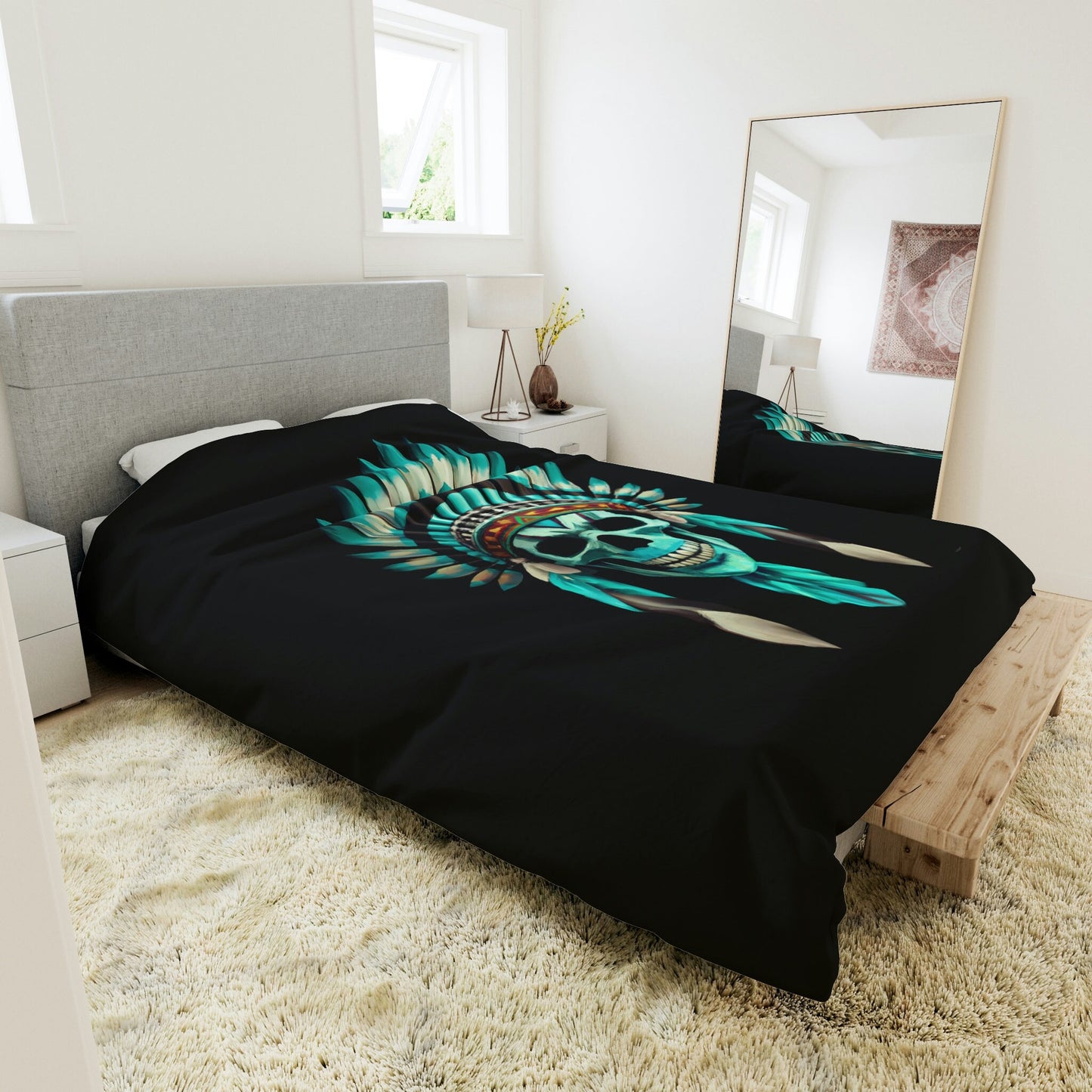 skull, native american headdress, duvet cover, bedding, twin XL, queen, king size, bedroom decor, gothic, turquoise, modern home decor - LOLA VEGAS ART