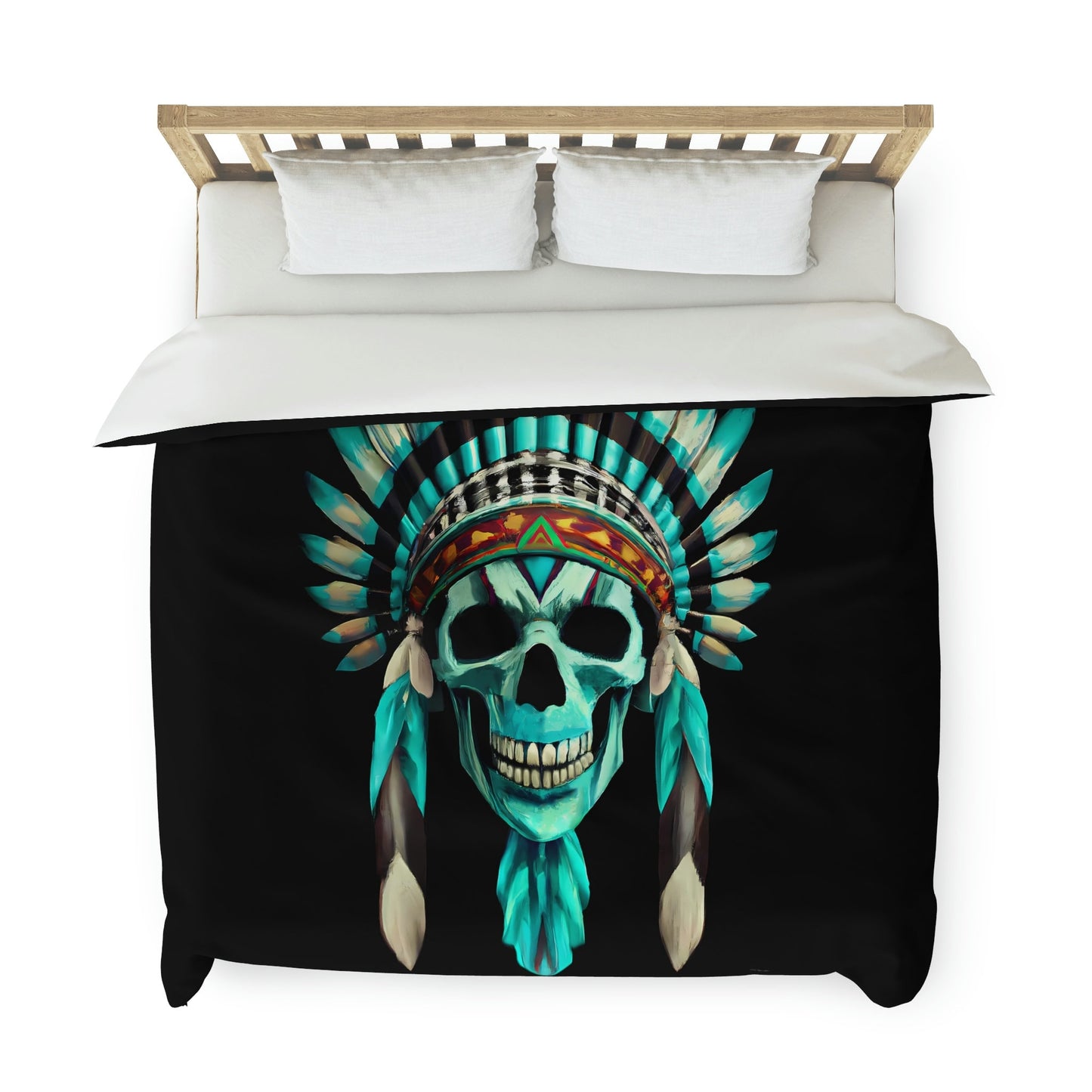 skull, native american headdress, duvet cover, bedding, twin XL, queen, king size, bedroom decor, gothic, turquoise, modern home decor - LOLA VEGAS ART