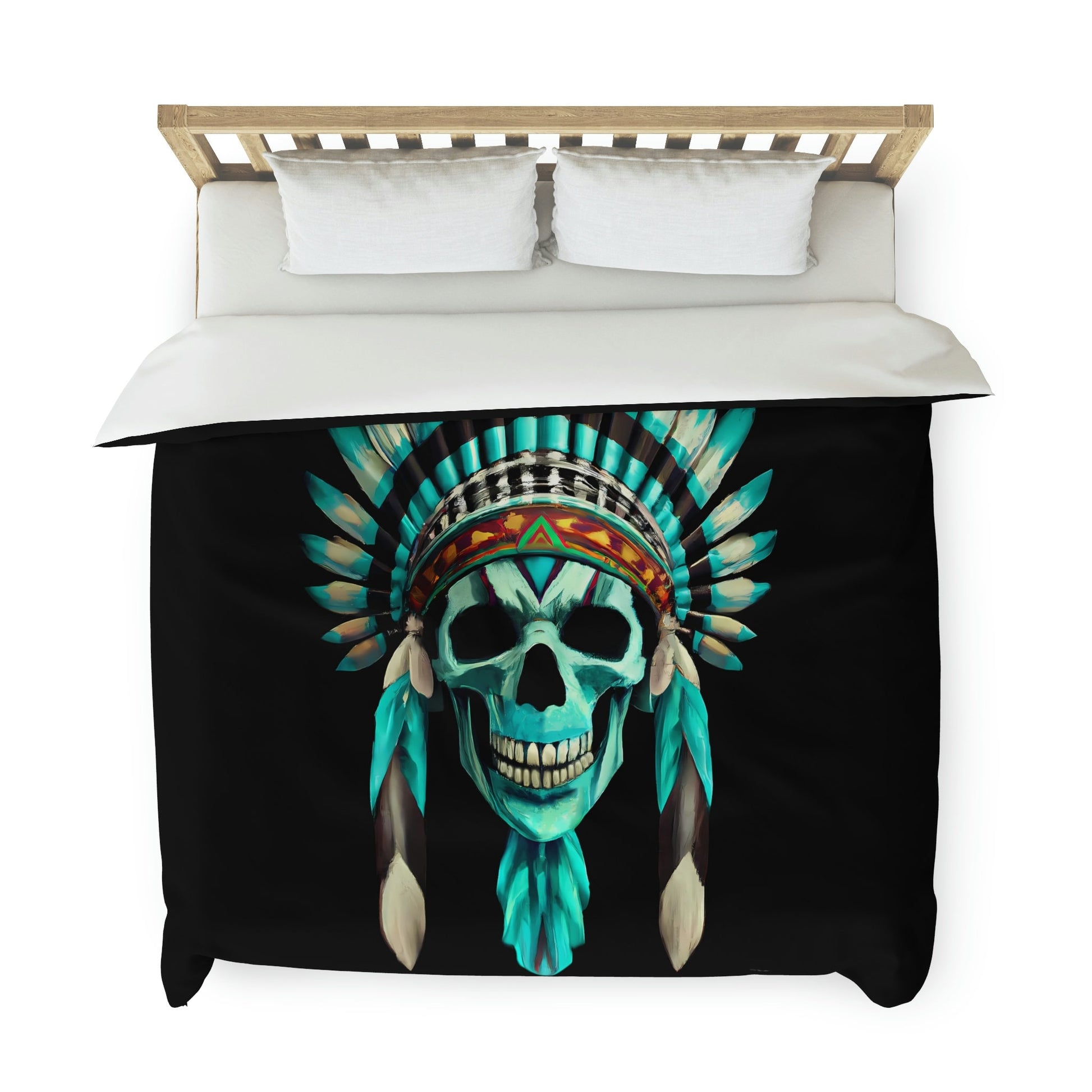 skull, native american headdress, duvet cover, bedding, twin XL, queen, king size, bedroom decor, gothic, turquoise, modern home decor - LOLA VEGAS ART