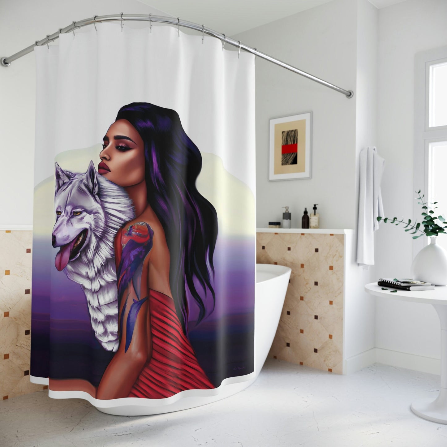 woman and wolf, shower curtain, home accessories, bathroom dcor, bathroom, home dcor, housewarming gift, shower room deco - LOLA VEGAS ART