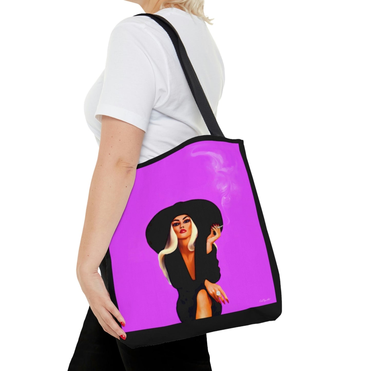 woman in hat, smoking cigarette, bag, canvas bag, tote bag, gifts for women, canvas shopper, reusable bag, shopping bag, tote bag for women - LOLA VEGAS ART