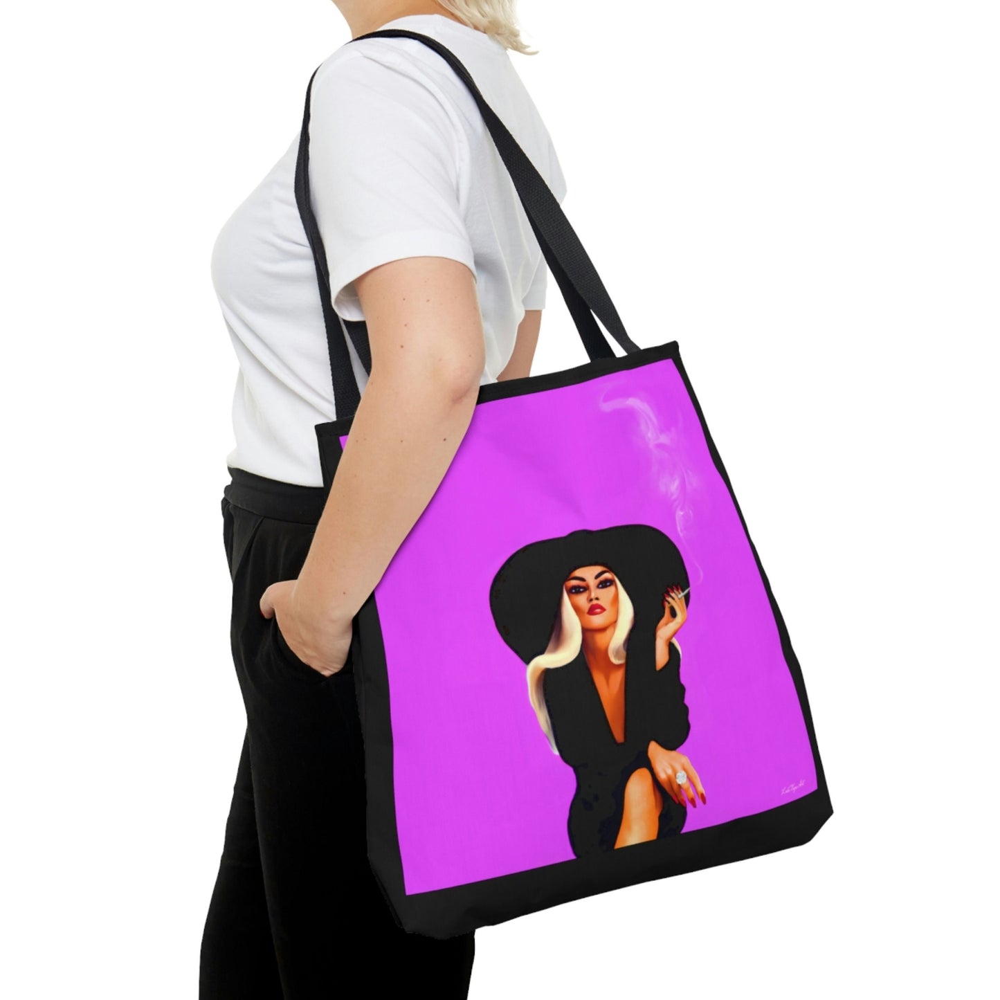 woman in hat, smoking cigarette, bag, canvas bag, tote bag, gifts for women, canvas shopper, reusable bag, shopping bag, tote bag for women - LOLA VEGAS ART
