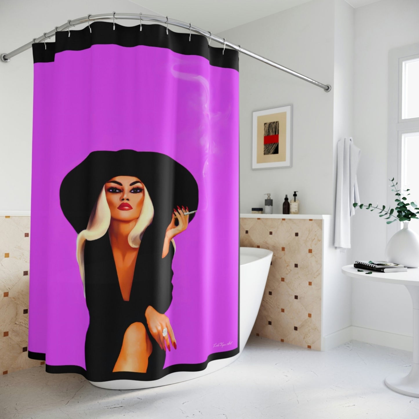 woman smoking, hat, cigarette, shower curtain, home accessories, bathroom dcor, bathroom, home dcor, housewarming gift, shower room deco - LOLA VEGAS ART