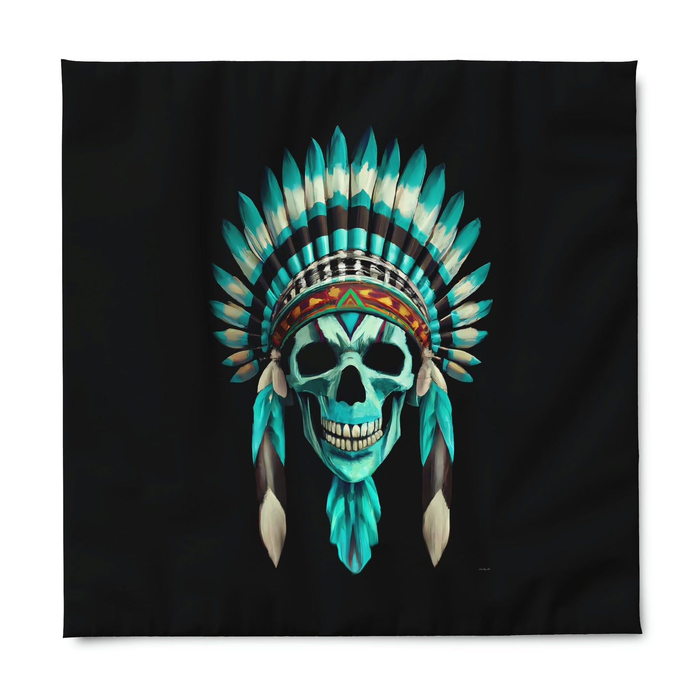 skull, native american headdress, duvet cover, bedding, twin XL, queen, king size, bedroom decor, gothic, turquoise, modern home decor - LOLA VEGAS ART