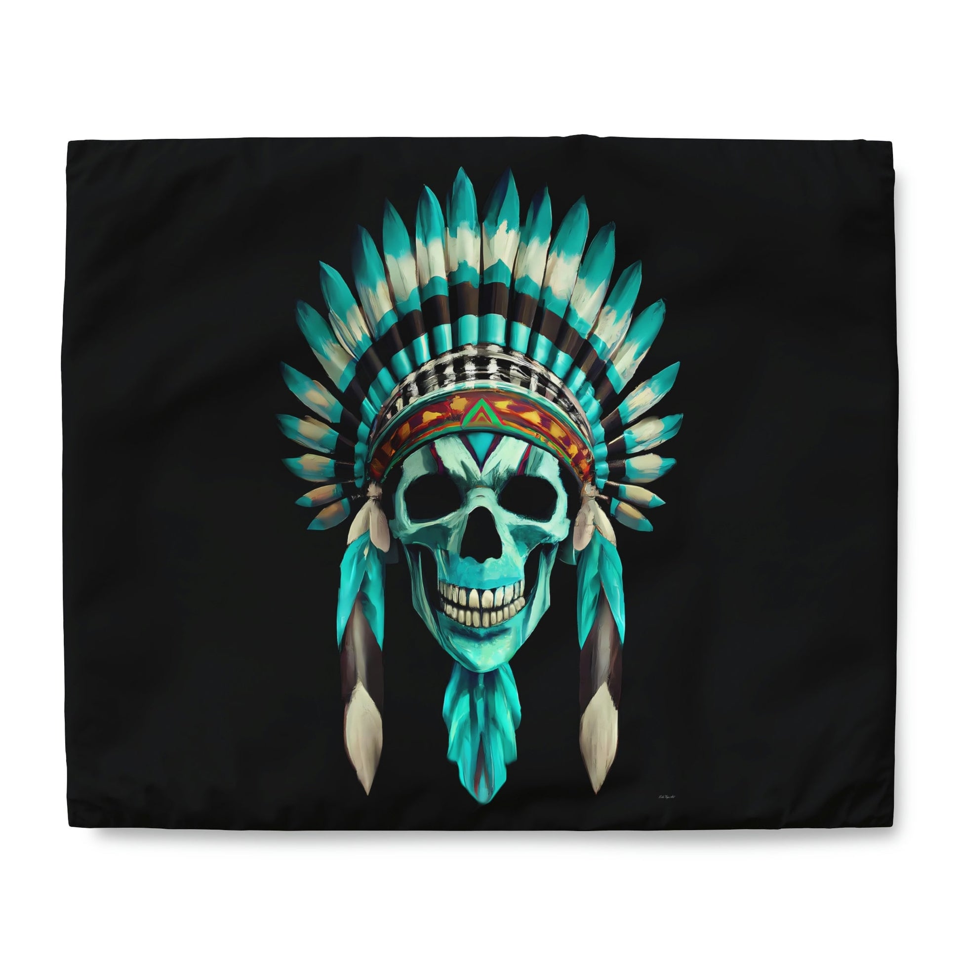 skull, native american headdress, duvet cover, bedding, twin XL, queen, king size, bedroom decor, gothic, turquoise, modern home decor - LOLA VEGAS ART