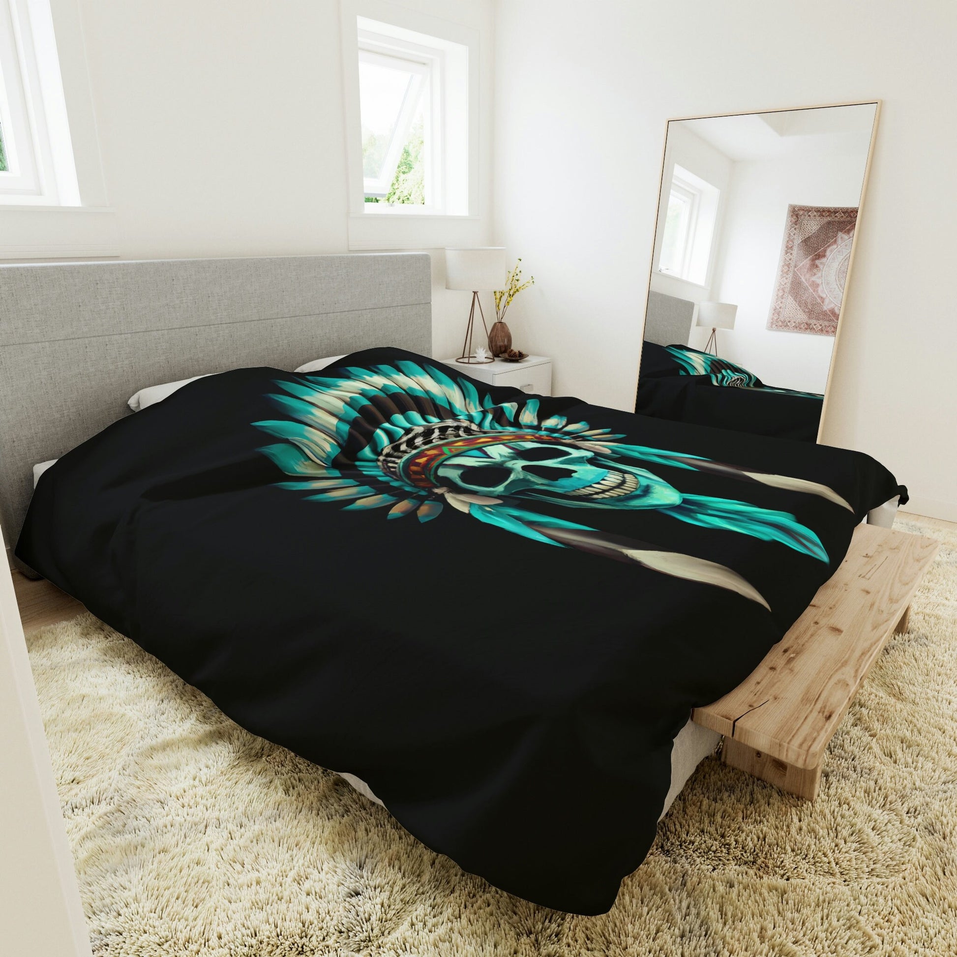 skull, native american headdress, duvet cover, bedding, twin XL, queen, king size, bedroom decor, gothic, turquoise, modern home decor - LOLA VEGAS ART