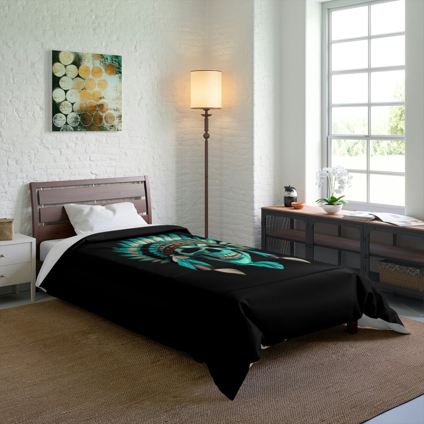 skull, native american headdress, comforter, bedroom decor, bedding, twin XL, queen, king size, modern home decor, gothic, modern bedroom - LOLA VEGAS ART