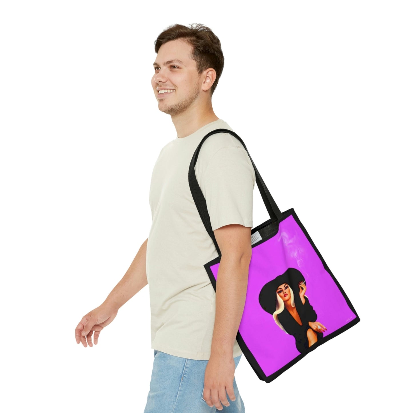woman in hat, smoking cigarette, bag, canvas bag, tote bag, gifts for women, canvas shopper, reusable bag, shopping bag, tote bag for women - LOLA VEGAS ART