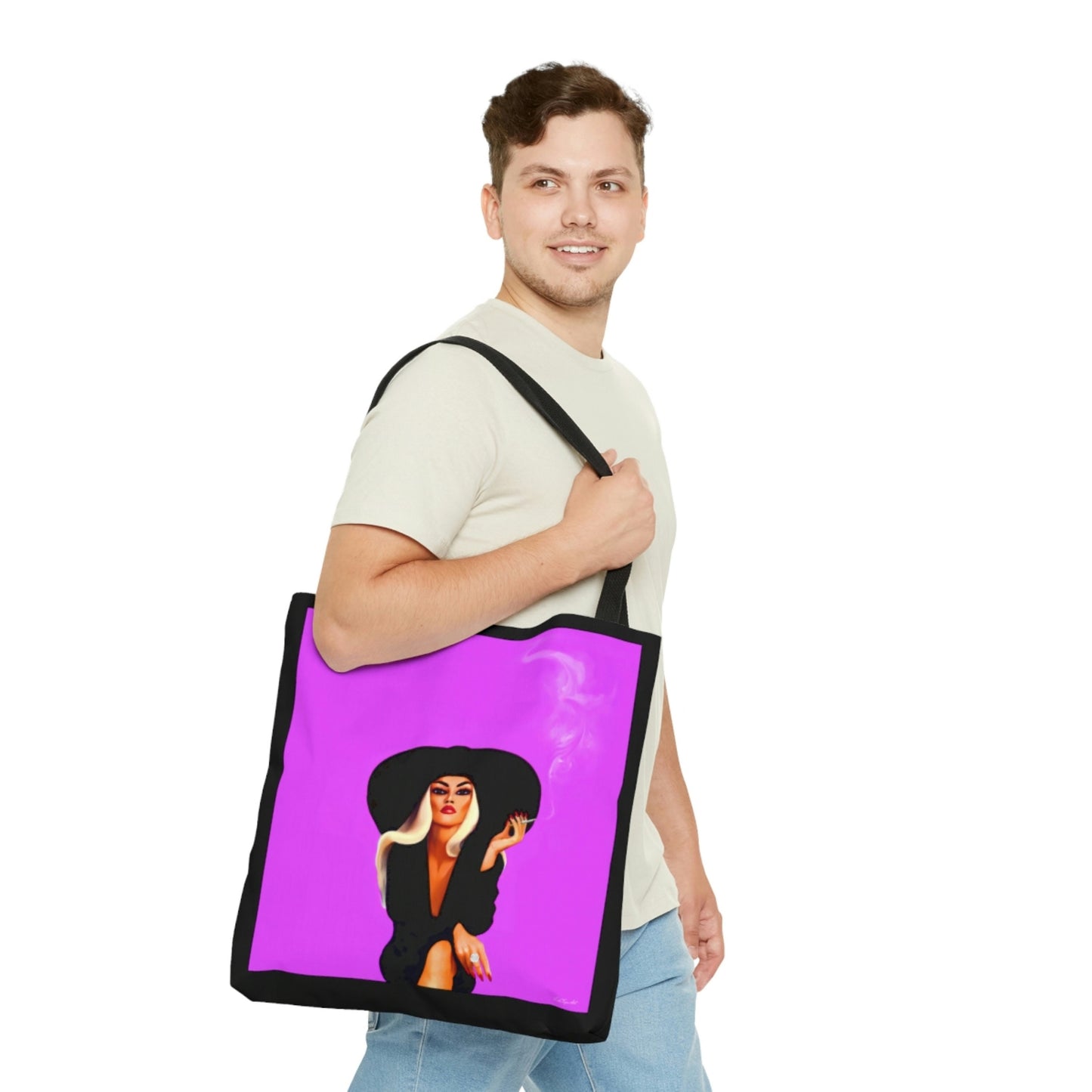 woman in hat, smoking cigarette, bag, canvas bag, tote bag, gifts for women, canvas shopper, reusable bag, shopping bag, tote bag for women - LOLA VEGAS ART