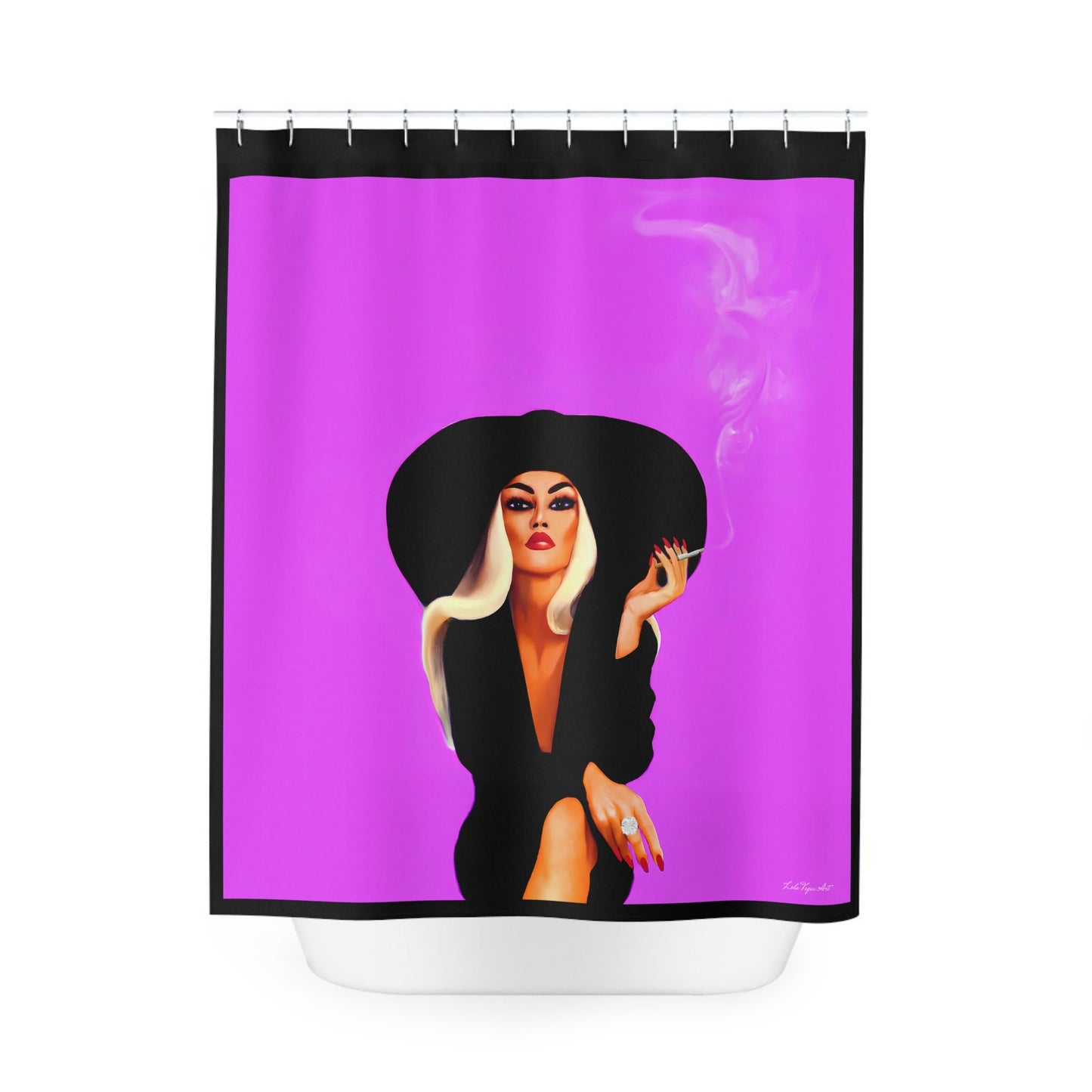 woman smoking, hat, cigarette, shower curtain, home accessories, bathroom dcor, bathroom, home dcor, housewarming gift, shower room deco - LOLA VEGAS ART