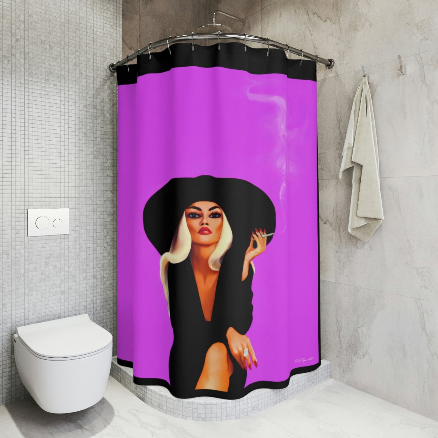 woman smoking, hat, cigarette, shower curtain, home accessories, bathroom dcor, bathroom, home dcor, housewarming gift, shower room deco - LOLA VEGAS ART
