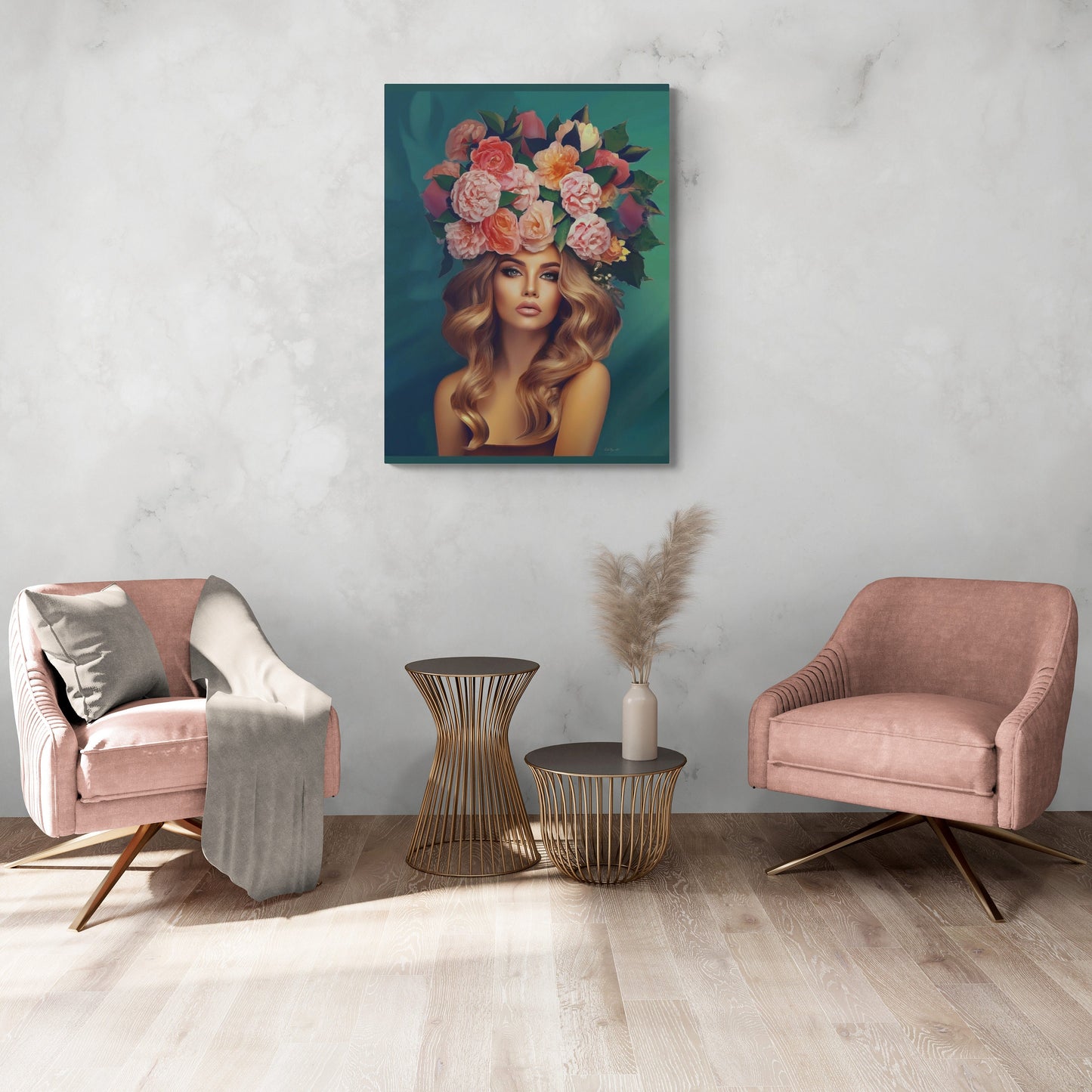woman flowers in hair, wall art, wall art canvas, wall art dcor, wall art woman, boho, floral, feminine wall art, goddess, woman decor - LOLA VEGAS ART