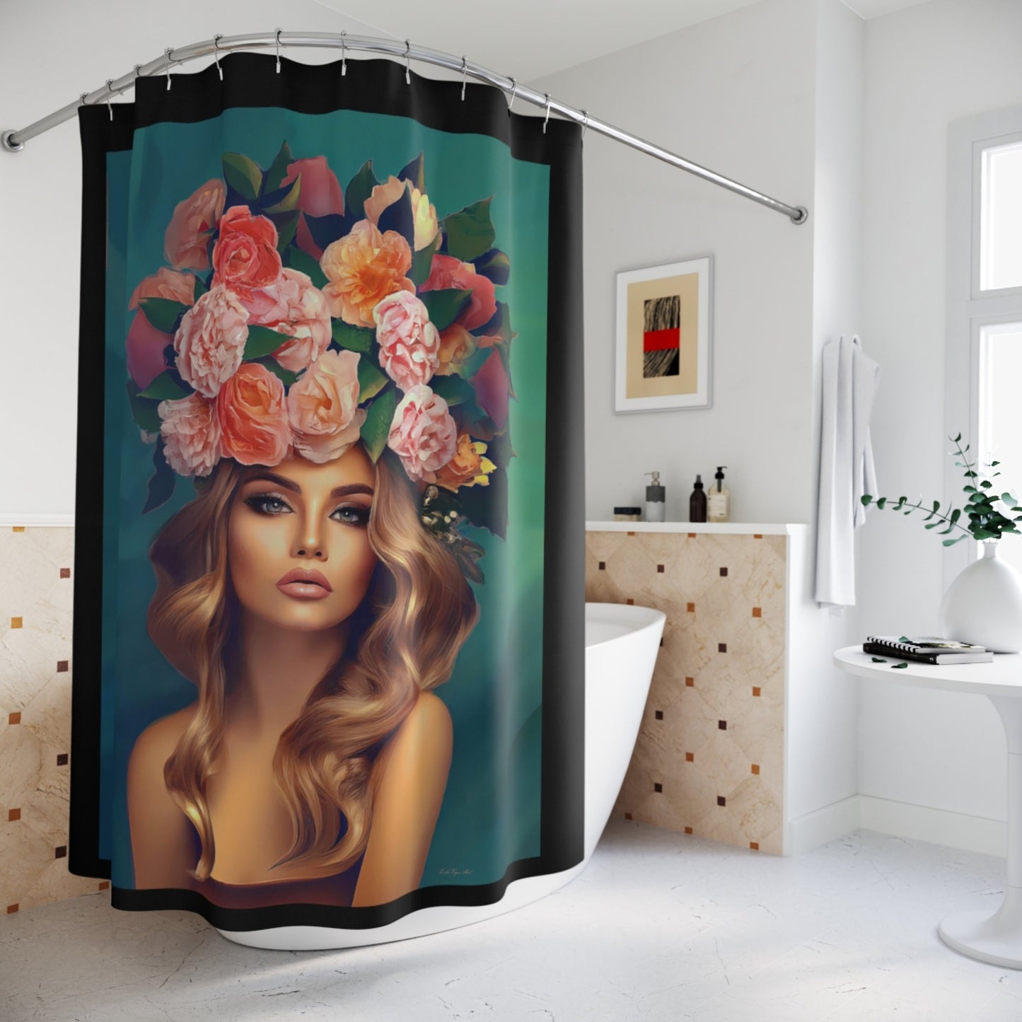 woman with flowers in hair, shower curtain, home accessories, bathroom dcor, bathroom, home dcor, housewarming gift, shower room decor - LOLA VEGAS ART