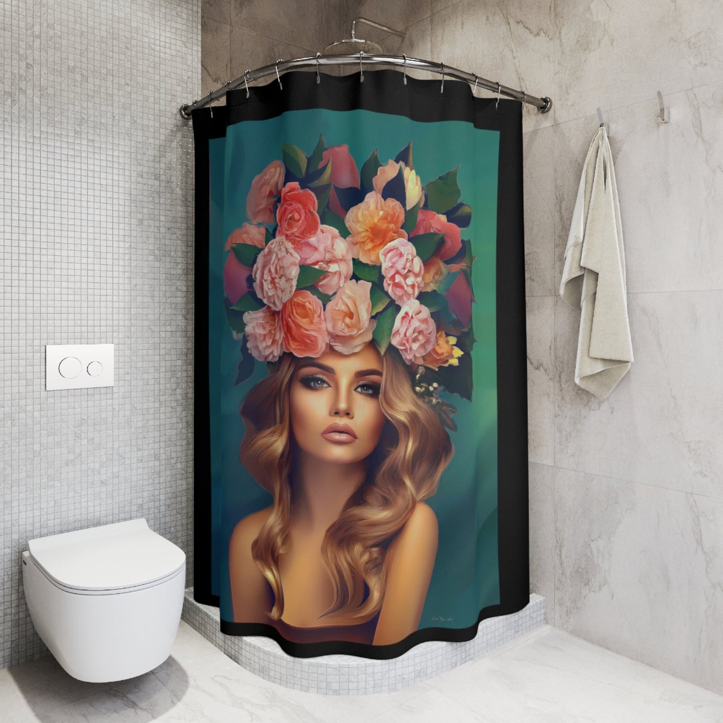 woman with flowers in hair, shower curtain, home accessories, bathroom dcor, bathroom, home dcor, housewarming gift, shower room decor - LOLA VEGAS ART