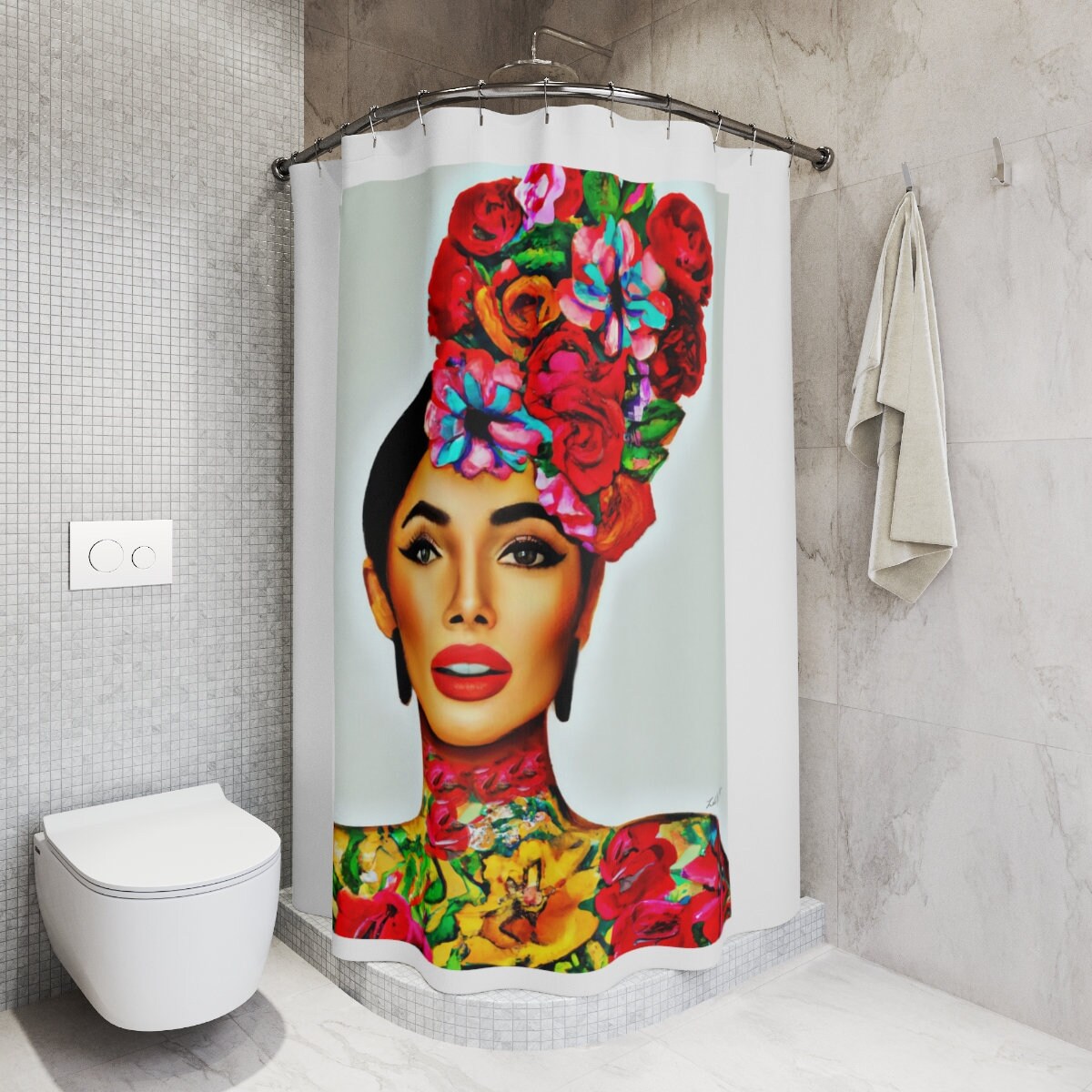 latina, flowers, tattoos, shower curtain, home accessories, bathroom dcor, bathroom, home dcor, housewarming gift, shower room decor - LOLA VEGAS ART
