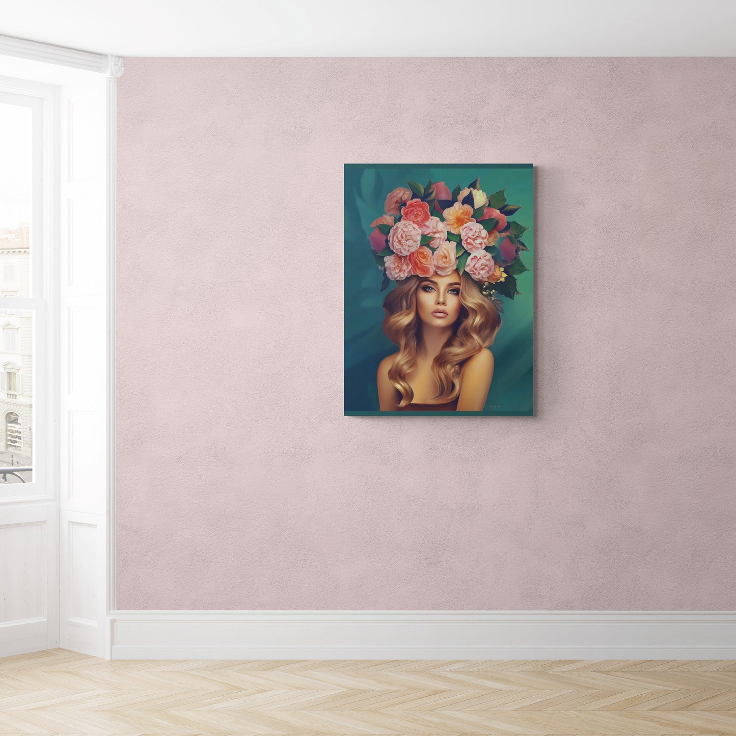 woman flowers in hair, wall art, wall art canvas, wall art dcor, wall art woman, boho, floral, feminine wall art, goddess, woman decor - LOLA VEGAS ART
