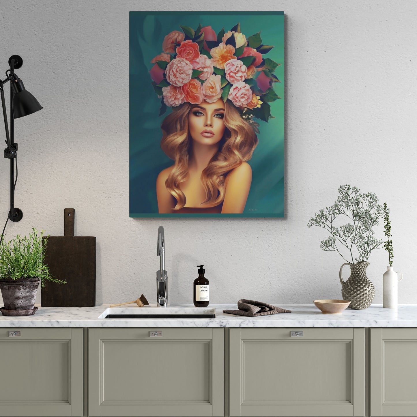 woman flowers in hair, wall art, wall art canvas, wall art dcor, wall art woman, boho, floral, feminine wall art, goddess, woman decor - LOLA VEGAS ART