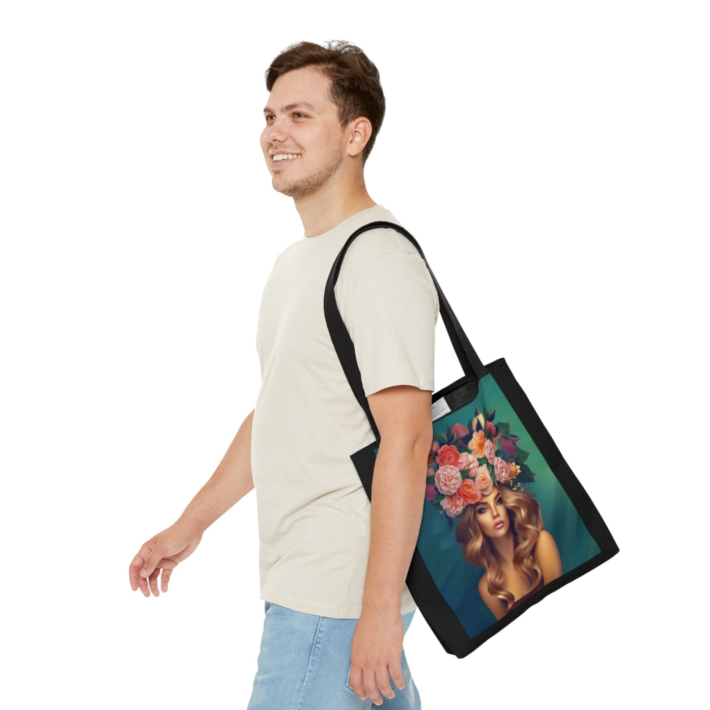 pretty woman, flowers in hair, bag, canvas bag, tote bag, gifts for women, canvas shopper, reusable bag, shopping bag, tote bag for women - LOLA VEGAS ART