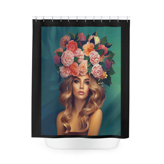 woman with flowers in hair, shower curtain, home accessories, bathroom dcor, bathroom, home dcor, housewarming gift, shower room decor - LOLA VEGAS ART