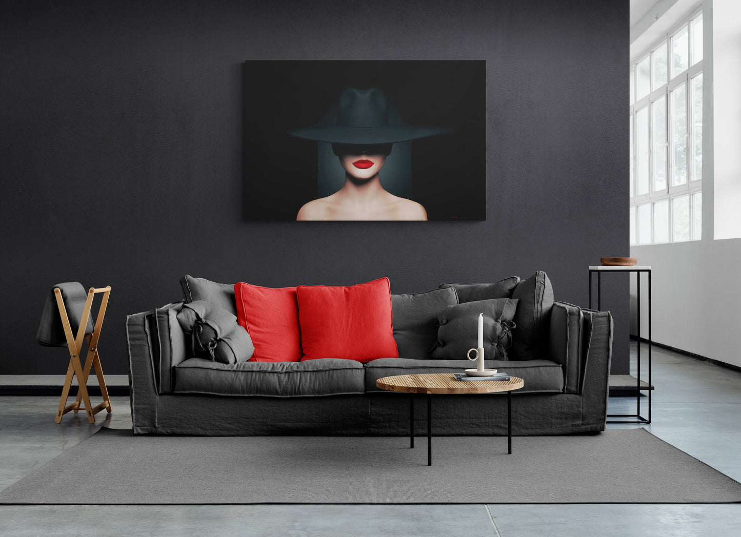 woman in hat, sexy, wall art, wall art canvas, wall art dcor, red lipstick, wall art woman, seductive, mysterious, fashion wall art - LOLA VEGAS ART