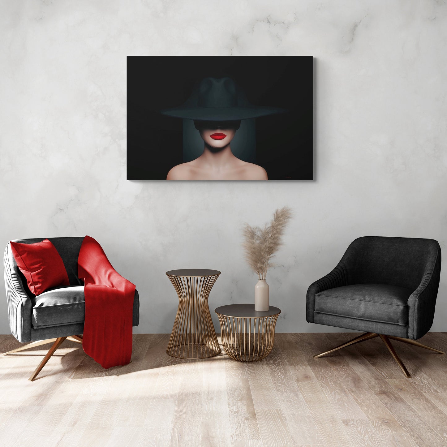 woman in hat, sexy, wall art, wall art canvas, wall art dcor, red lipstick, wall art woman, seductive, mysterious, fashion wall art - LOLA VEGAS ART