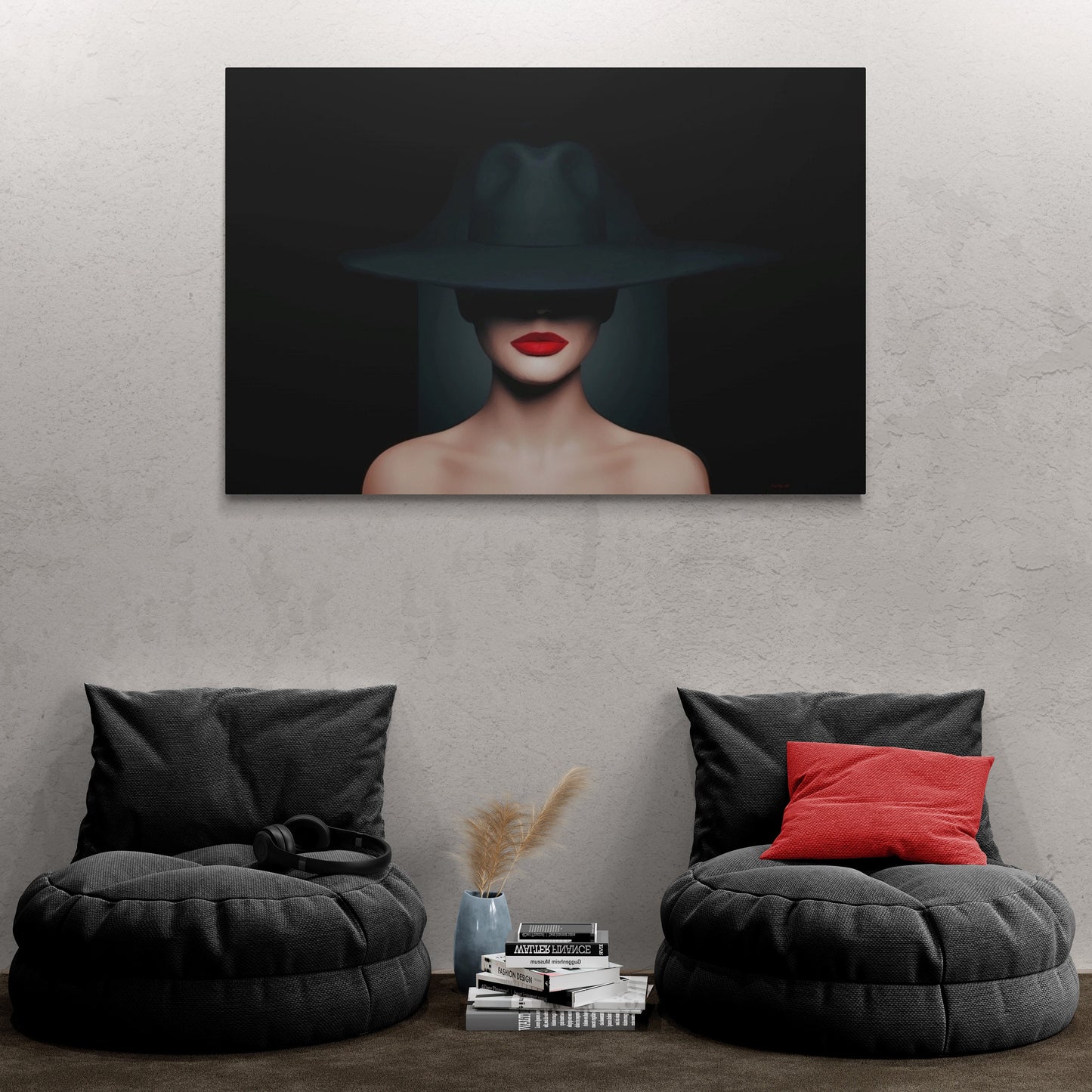 woman in hat, sexy, wall art, wall art canvas, wall art dcor, red lipstick, wall art woman, seductive, mysterious, fashion wall art - LOLA VEGAS ART