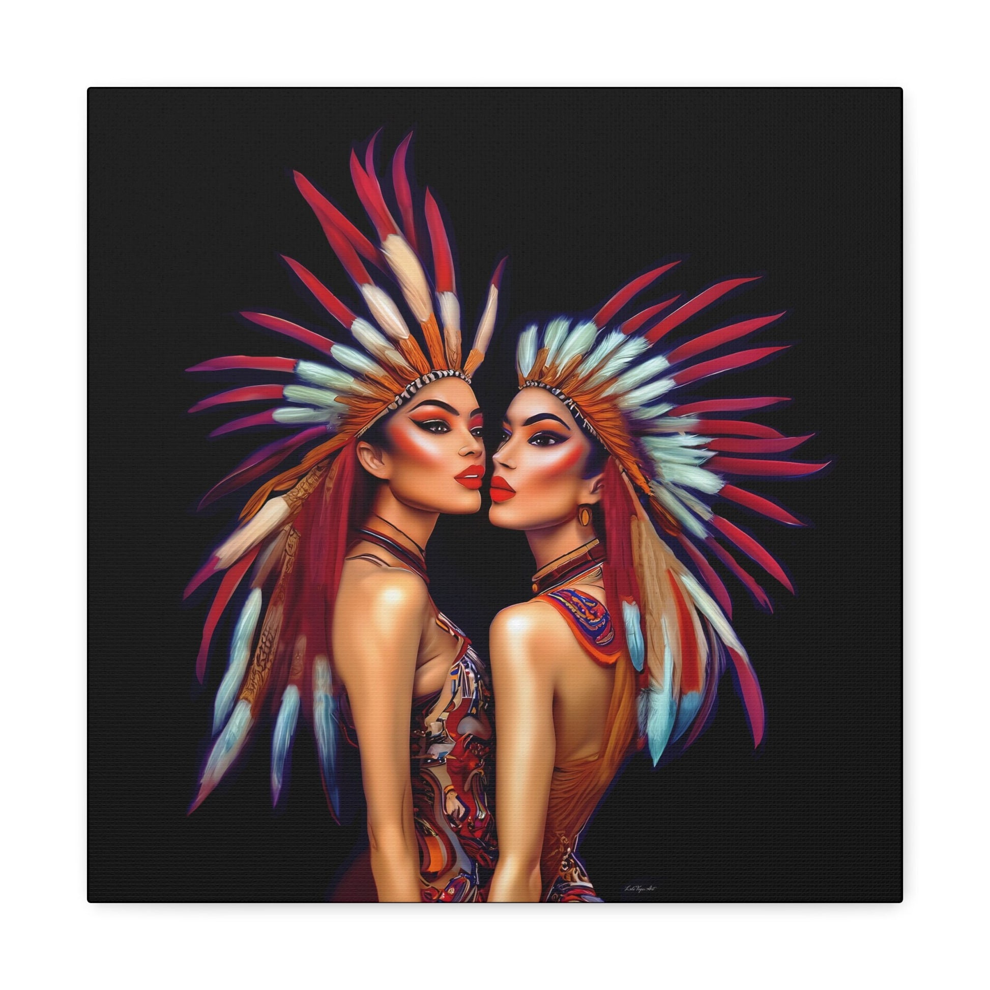 two princesses wall art, wall art canvas, wall art decor, indigenous, feather headdress, southwestern art - LOLA VEGAS ART
