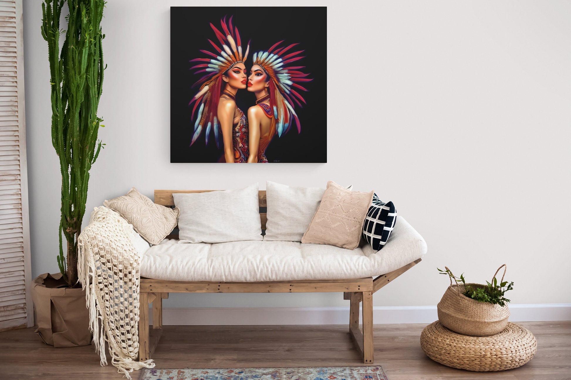 two princesses wall art, wall art canvas, wall art decor, indigenous, feather headdress, southwestern art - LOLA VEGAS ART