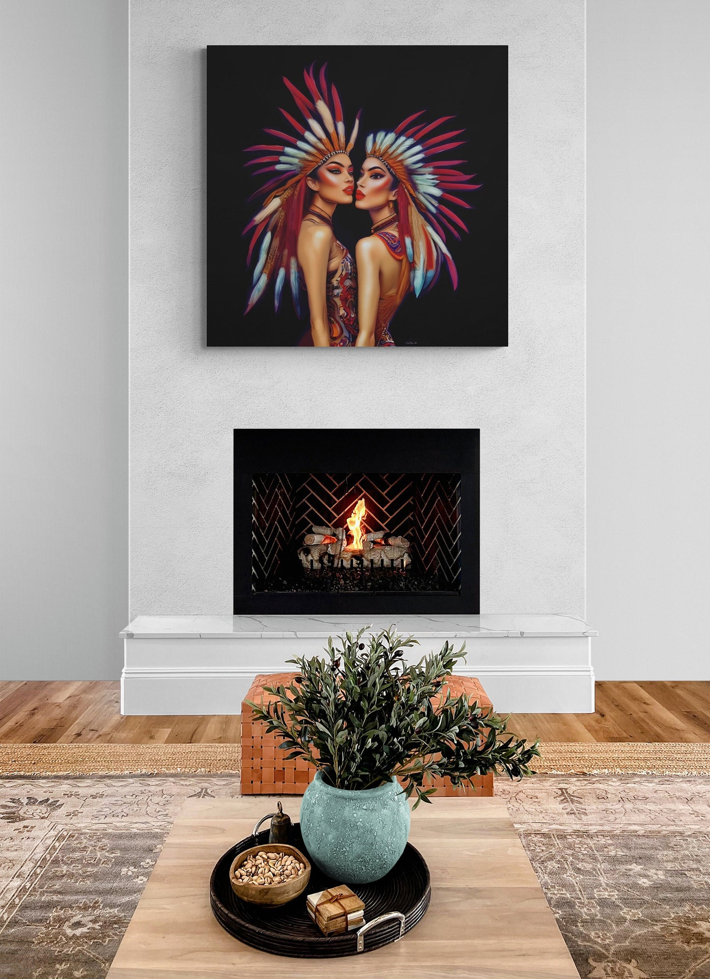 two princesses wall art, wall art canvas, wall art decor, indigenous, feather headdress, southwestern art - LOLA VEGAS ART