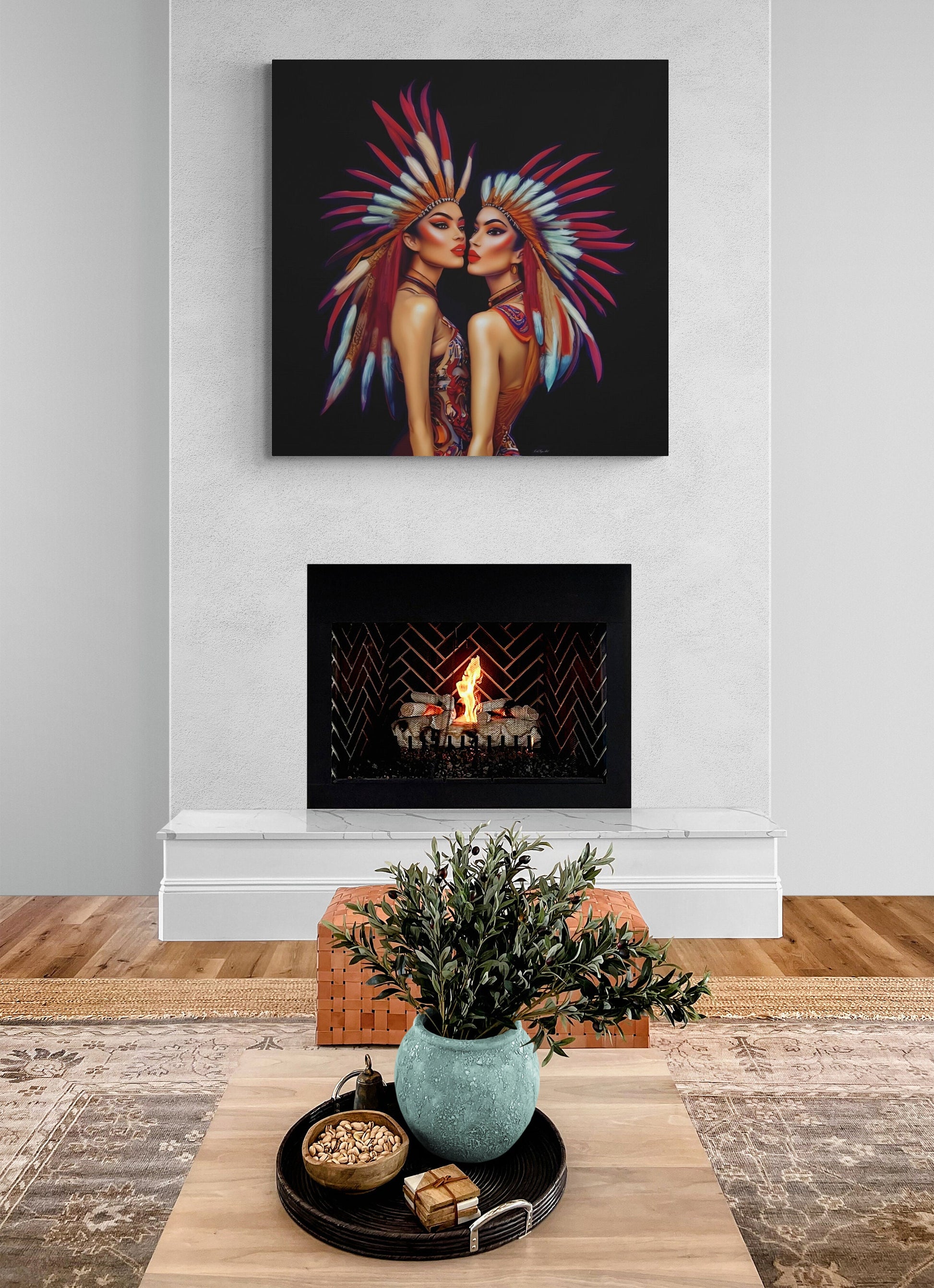 two princesses wall art, wall art canvas, wall art decor, indigenous, feather headdress, southwestern art - LOLA VEGAS ART