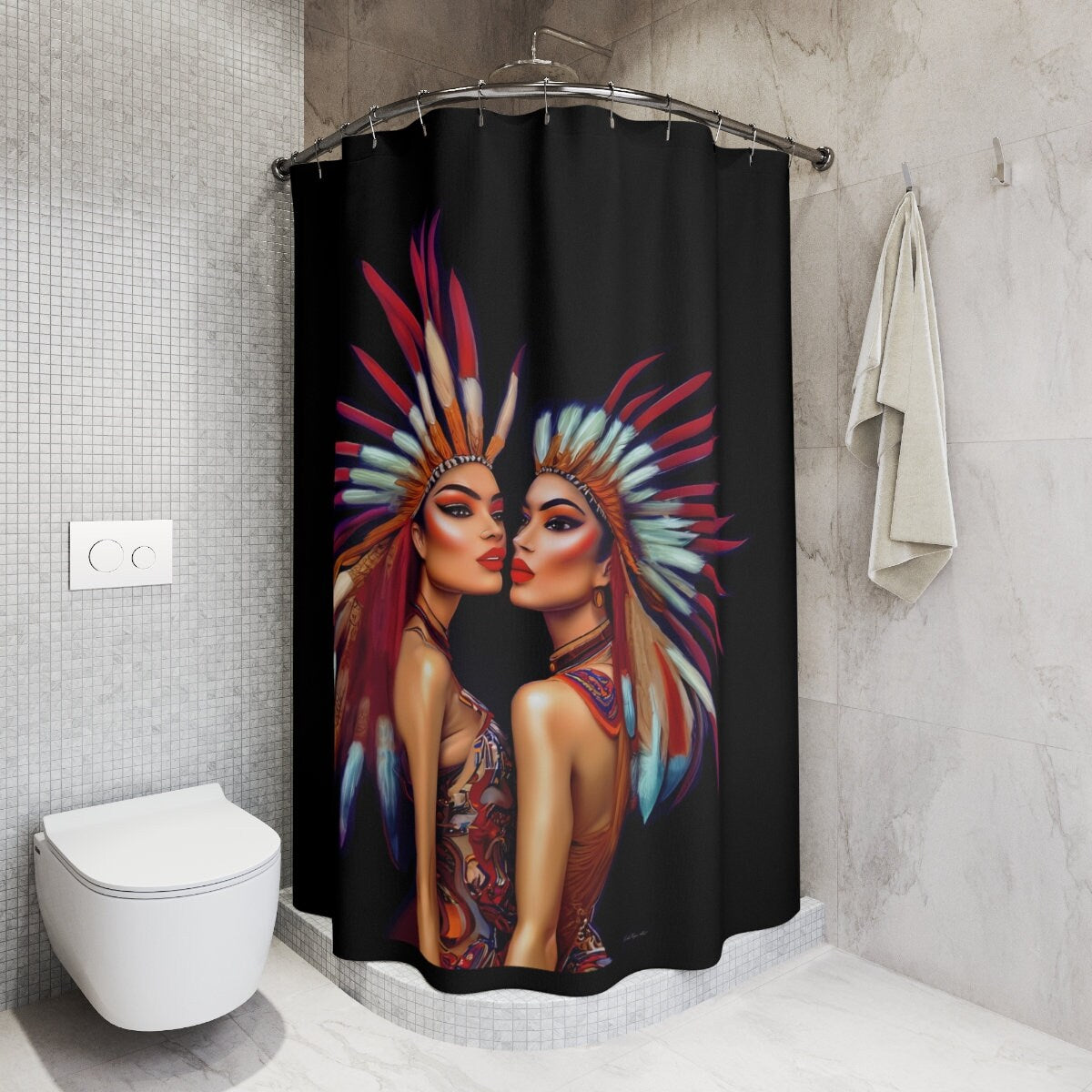 native american women, shower curtain, home accessories, bathroom dcor, bathroom, home dcor, housewarming gift, shower room decor, india - LOLA VEGAS ART