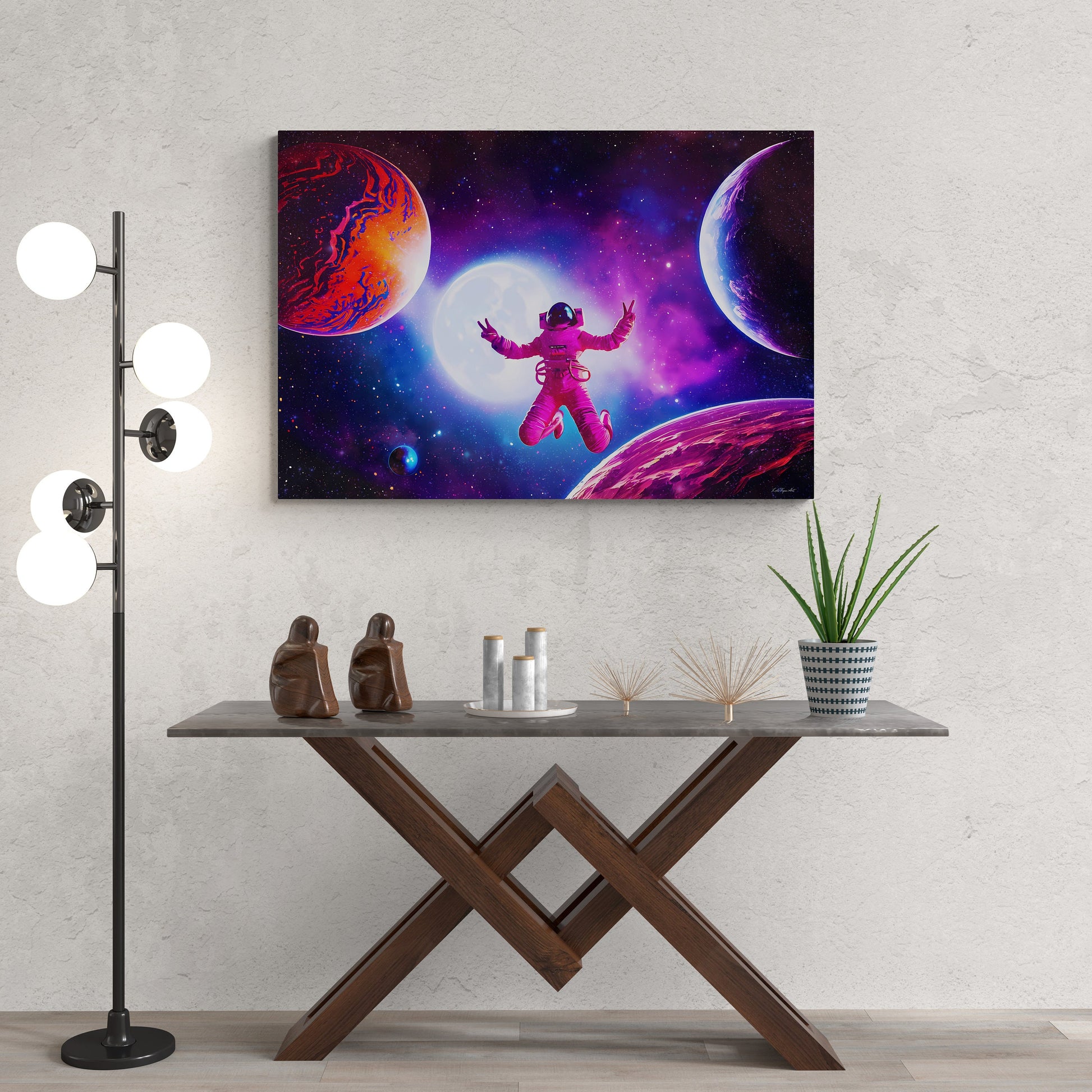 universe, galaxy, female astronaut, wall art, wall art canvas, wall art dcor, nebula, purple, peace sign, unique, large wall art, space - LOLA VEGAS ART