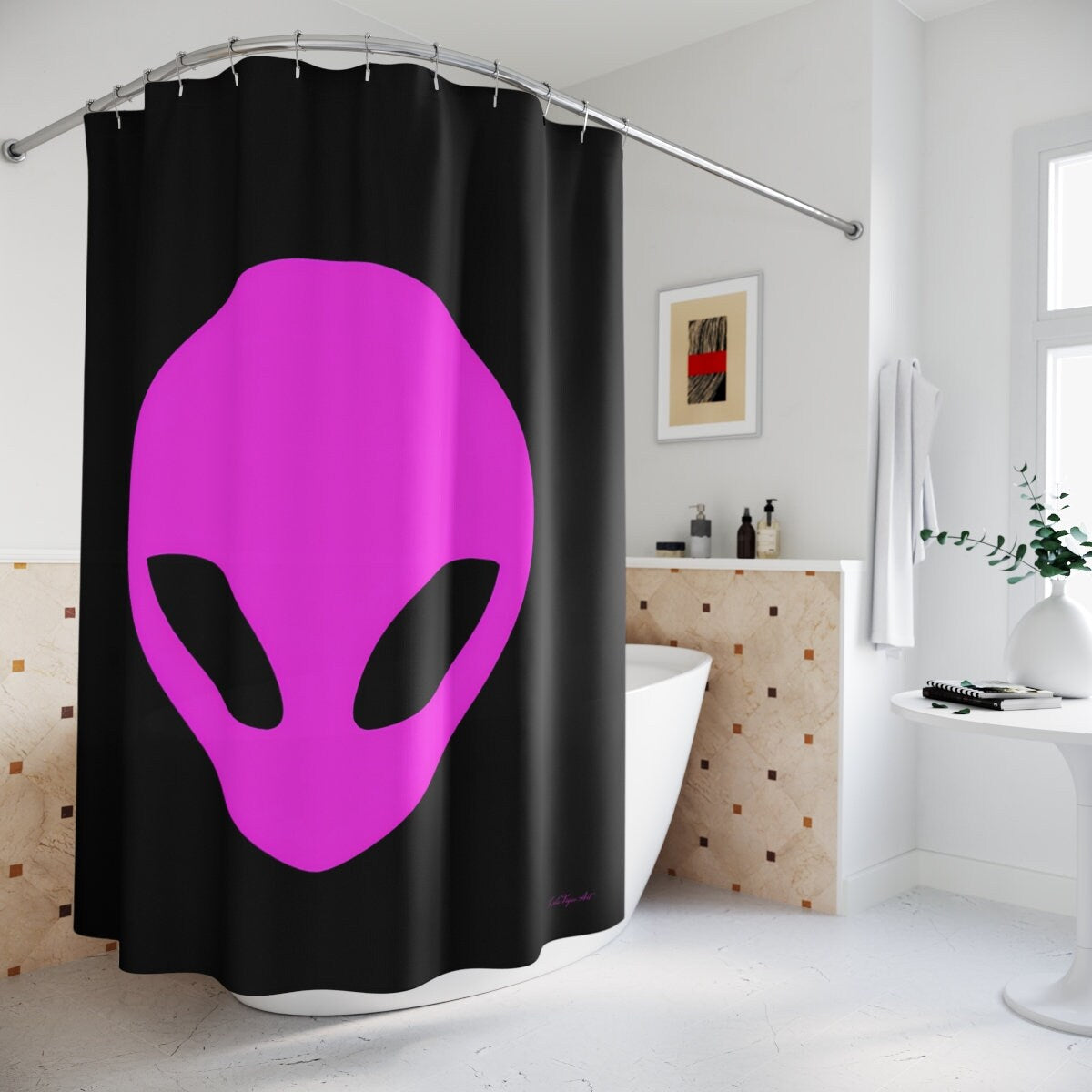 pink alien, shower curtain, home accessories, bathroom dcor, bathroom, home dcor, housewarming gift, shower room decor, extraterrestrial - LOLA VEGAS ART