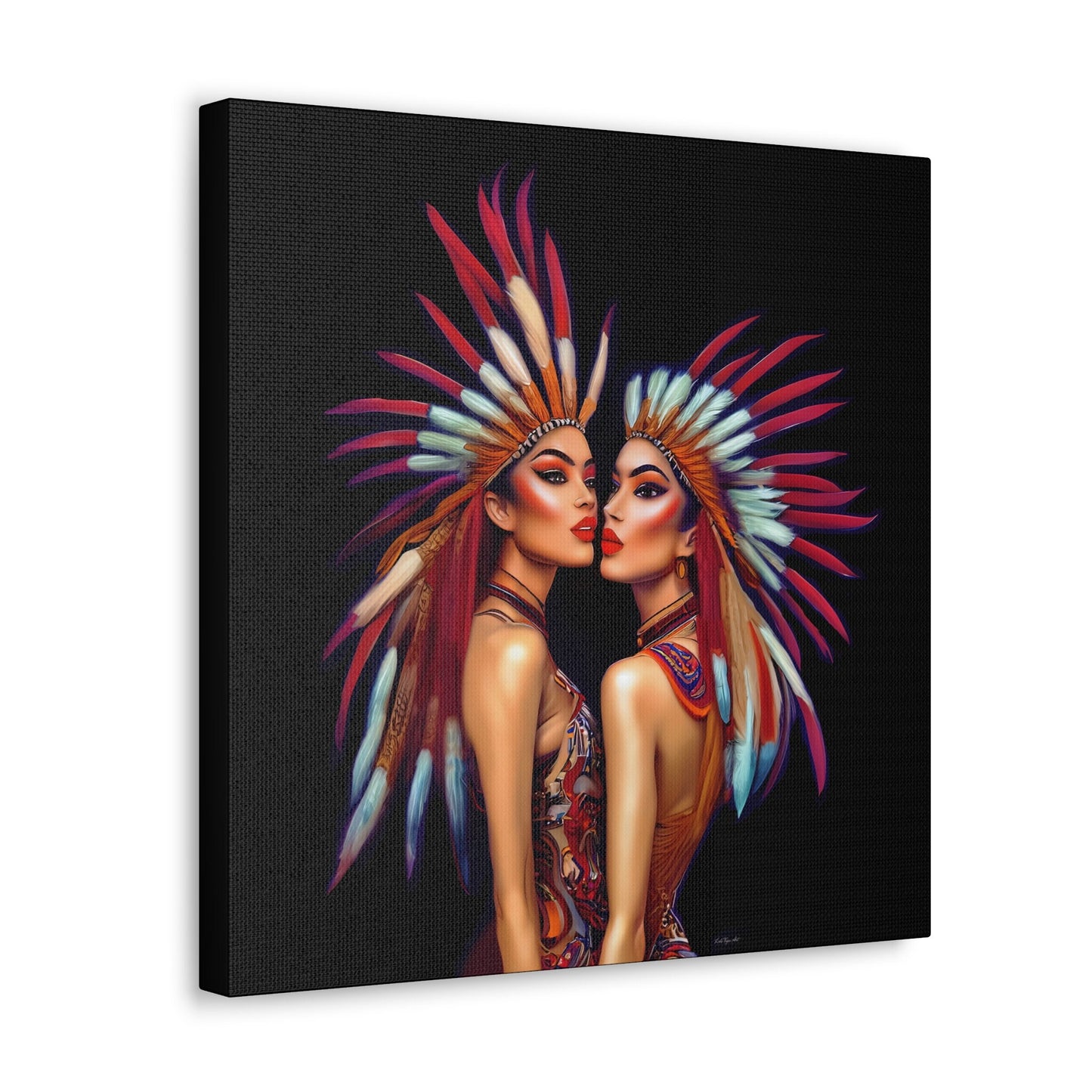 two princesses wall art, wall art canvas, wall art decor, indigenous, feather headdress, southwestern art - LOLA VEGAS ART
